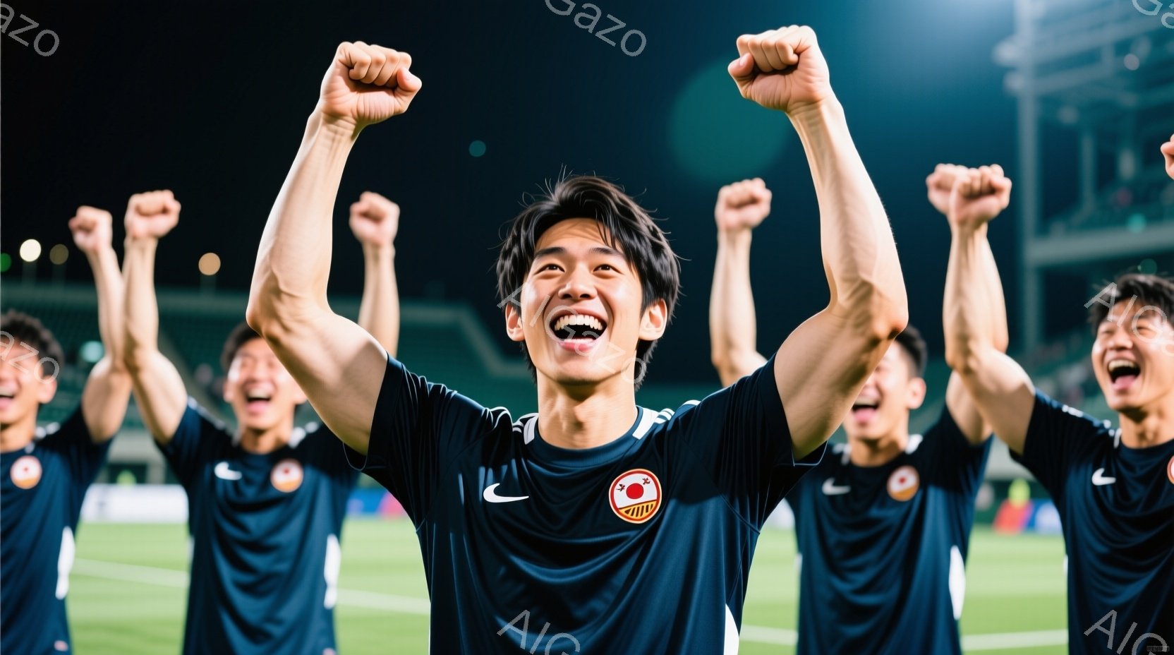 サッカー日本代表の選手たちが、緑の芝生の上で両手を高く上げ、勝利を喜んでいる様子が写っている。黒いユニフォームには日本の国旗とナイキのロゴが描かれており、選手たちは興奮した表情で叫んでいる。背景には観客席と照明がぼやけて写っており、熱狂的な雰囲気が伝わってくる。