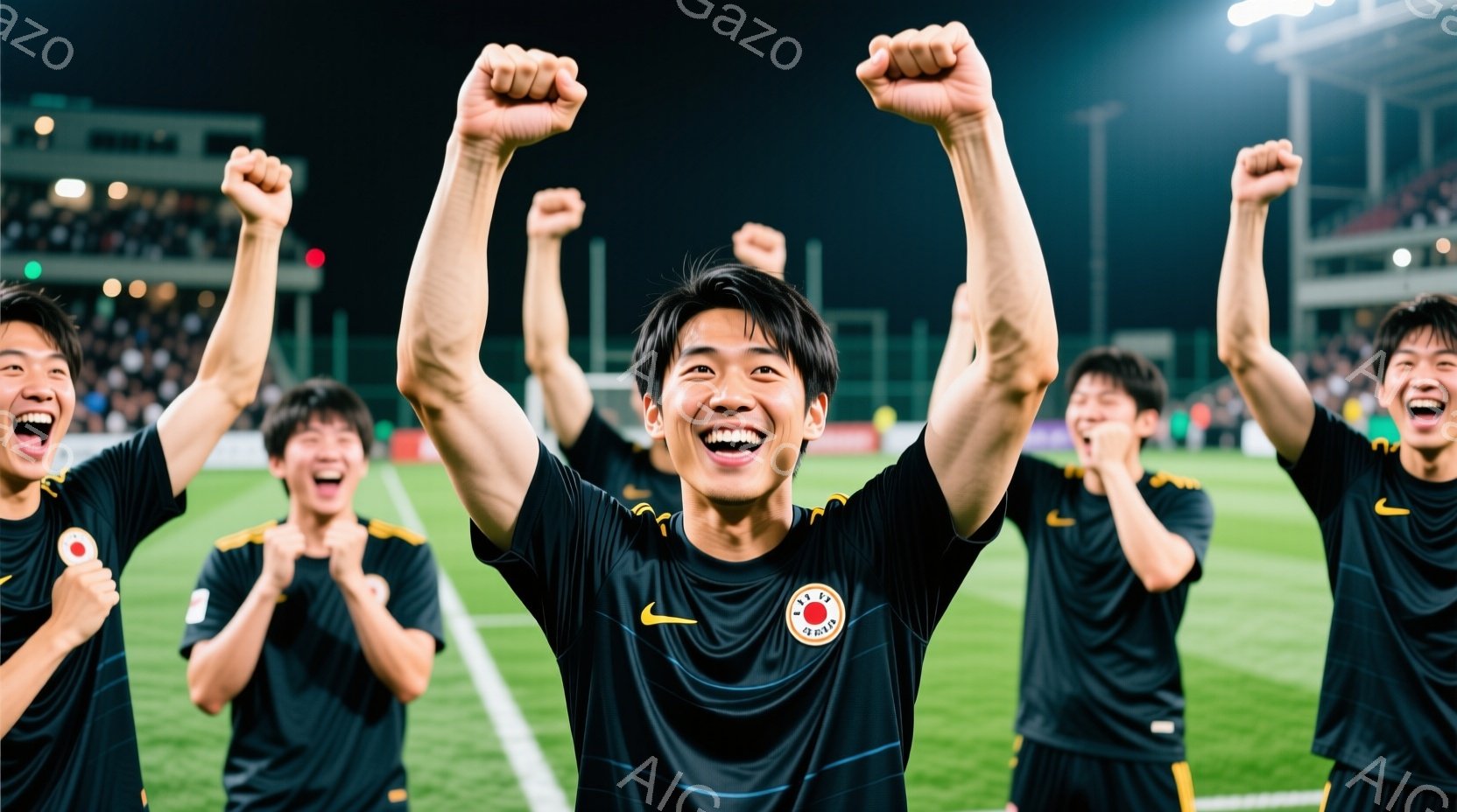 黒いユニフォームを着たサッカー選手たちが、喜びの表情で両手を高く上げています。彼らは皆、短髪で、ユニフォームには日本の国旗を模したエンブレムが付いています。背景には、観客席と夜のスタジアムのライトがぼ - AI生成フリー素材