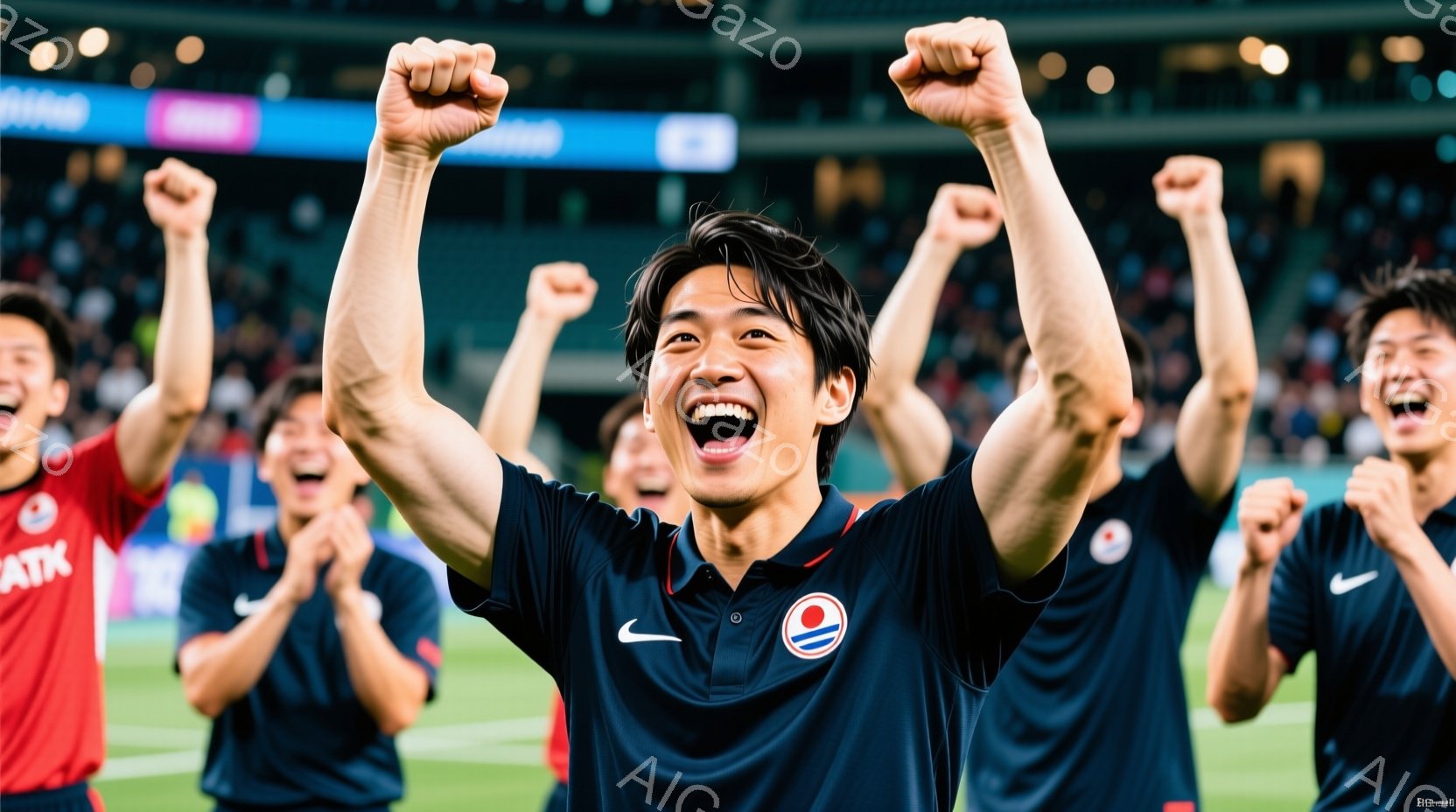 選手たちが青と赤のユニフォームを着て、腕を高く上げ、勝利を喜んでいる様子が写っている。中央の選手は特に興奮した表情で、口を開けて叫んでいる。背景には観客席が広がり、スポーツスタジアムの熱狂的な雰囲気が伝わってくる。