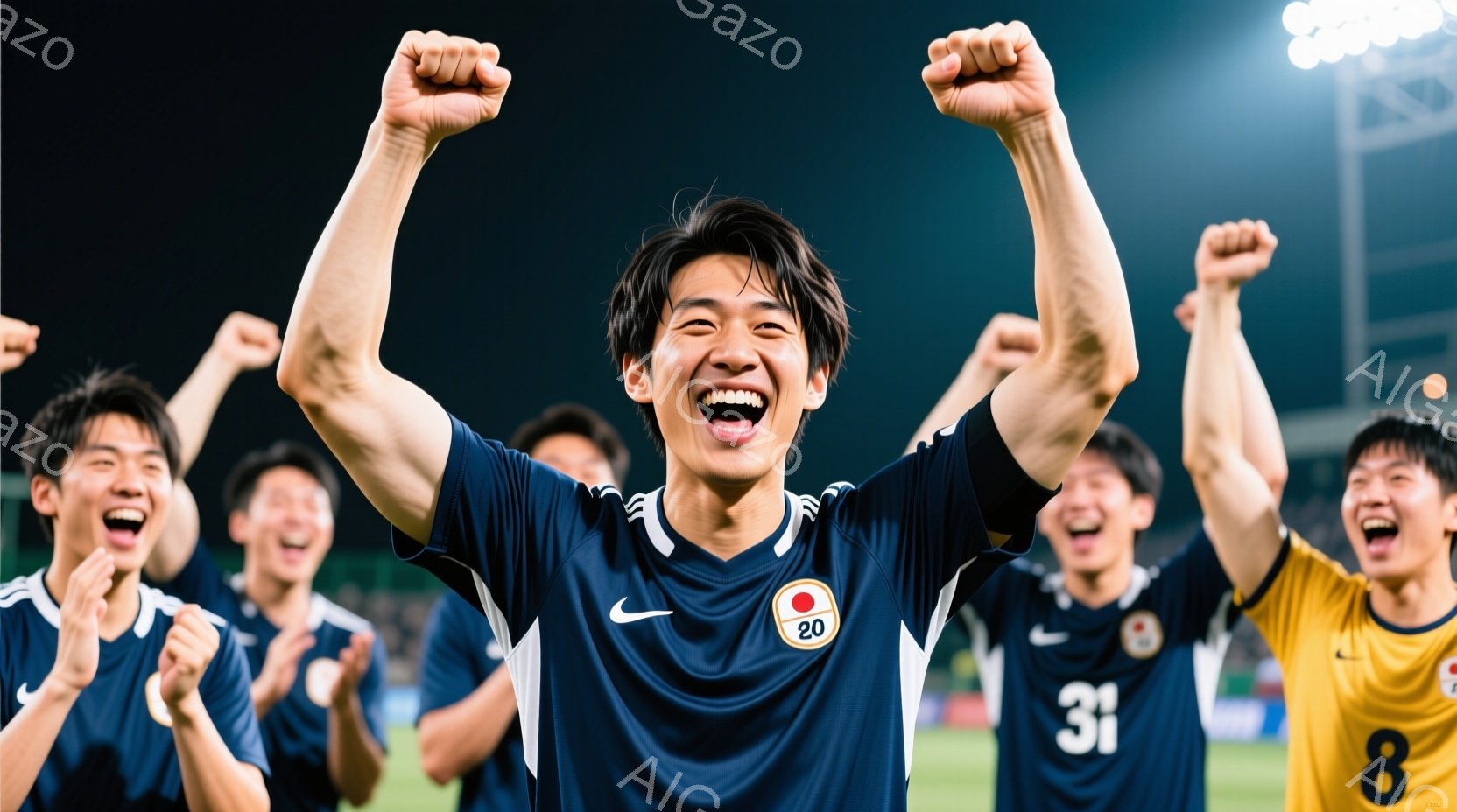 紺色のサッカーユニフォームを着た選手が両手を高く上げ、満面の笑みを浮かべて喜んでいます。背景には同じくユニフォームを着たチームメイトたちがおり、彼らも勝利を喜び、興奮している様子が伝わってきます。緑の - AI生成フリー素材