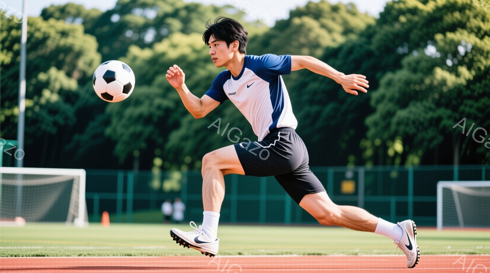 選手は緑の芝生の上を疾走しており、白い襟と袖の入った青いサッカーシャツと黒いショートパンツを着用しています。彼の髪型は短髪で、集中した表情でボールを見つめています。背景にはサッカーゴールと緑豊かな木々が見え、晴れた日の活気ある練習風景を表しています。