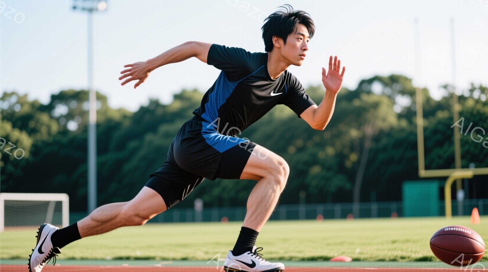 競技場を疾走する男性の姿が写っている。彼は黒と青のストライプが入ったスポーツウェアと黒いソックス、白いスニーカーを着用し、髪は短く整えられている。背景には緑の芝生、オレンジ色のコーン、そしてぼやけた緑 - AI生成フリー素材