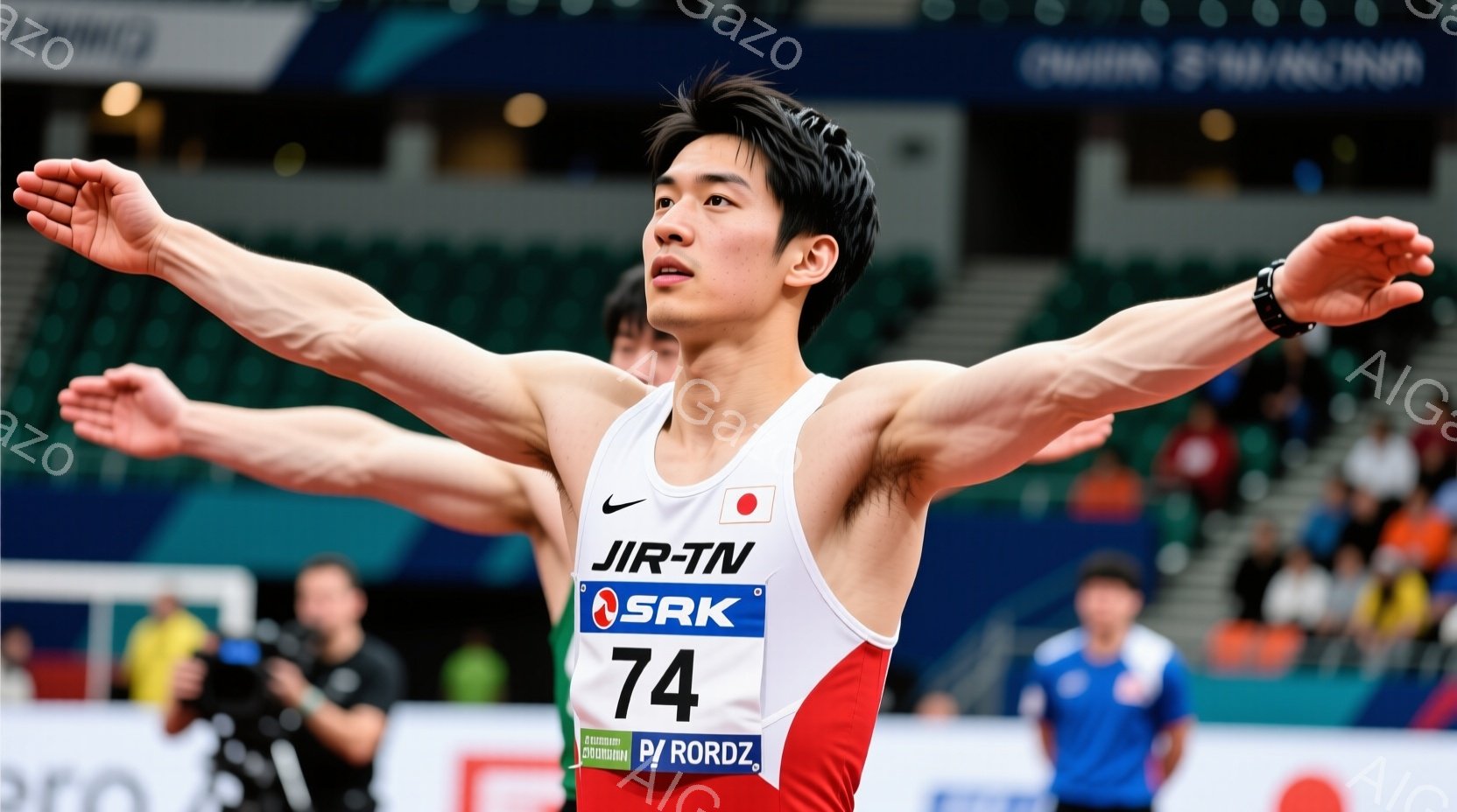 競技場の室内で、日本の陸上競技選手が両腕を大きく広げて勝利を喜んでいる様子が写っている。黒髪で、赤い縁取りのある白いユニフォームに「74」の背番号、そして「SRK」のロゴが入っており、表情は自信に満ち - AI生成フリー素材