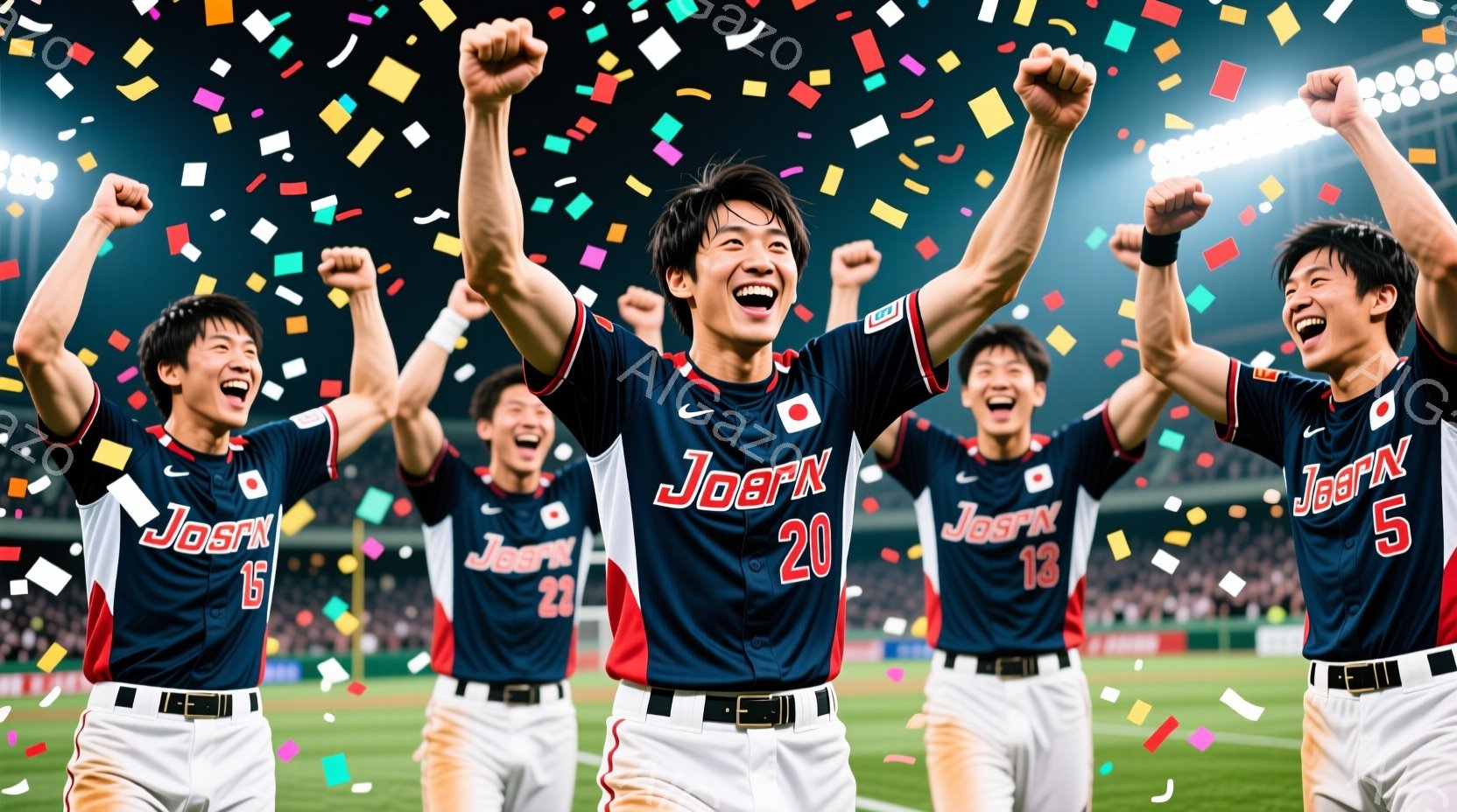 選手たちは紺色のベースボールユニフォームに背番号が大きく書かれ、一致団結して両腕を高く上げた歓喜のポーズをとっています。彼らは皆、短髪で明るい笑顔を浮かべ、勝利に沸き立つスタジアムで興奮を爆発させています。背景には観客席が広がり、色とりどりの紙吹雪が舞い上がり、お祝いムードを盛り上げています。