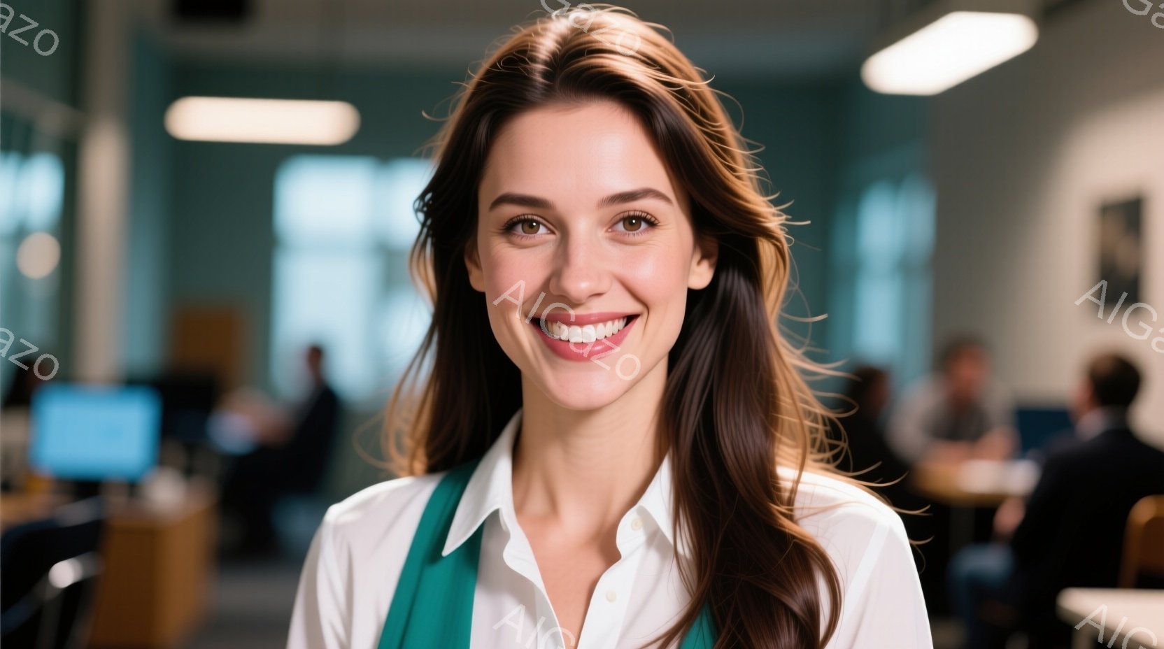 明るい笑顔を浮かべた女性が写っている。オフホワイトのシャツにエメラルドグリーンのベストを合わせ、ロングヘアはゆるくウェーブがかかっている。背景はオフィスのような空間で、ぼやけた人影やデスクが見え、全体 - AI生成フリー素材