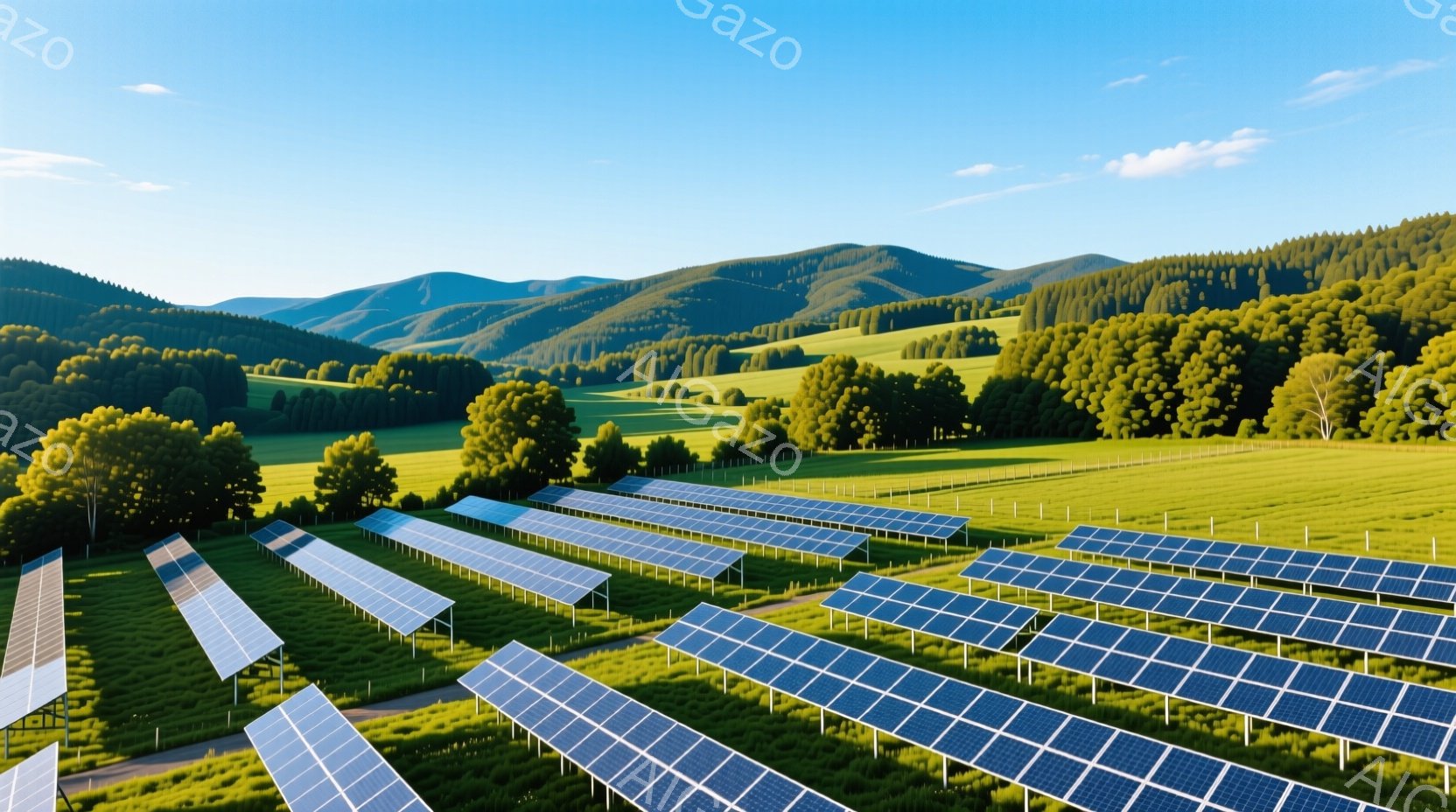 広大な緑の丘陵地帯に、整然と並んだ太陽光発電パネルが広がっています。背景には、緑豊かな森林が広がり、青空の下、穏やかな日差しが降り注いでいます。持続可能なエネルギー利用を象徴する、自然と技術が調和した静かで平和な光景です。