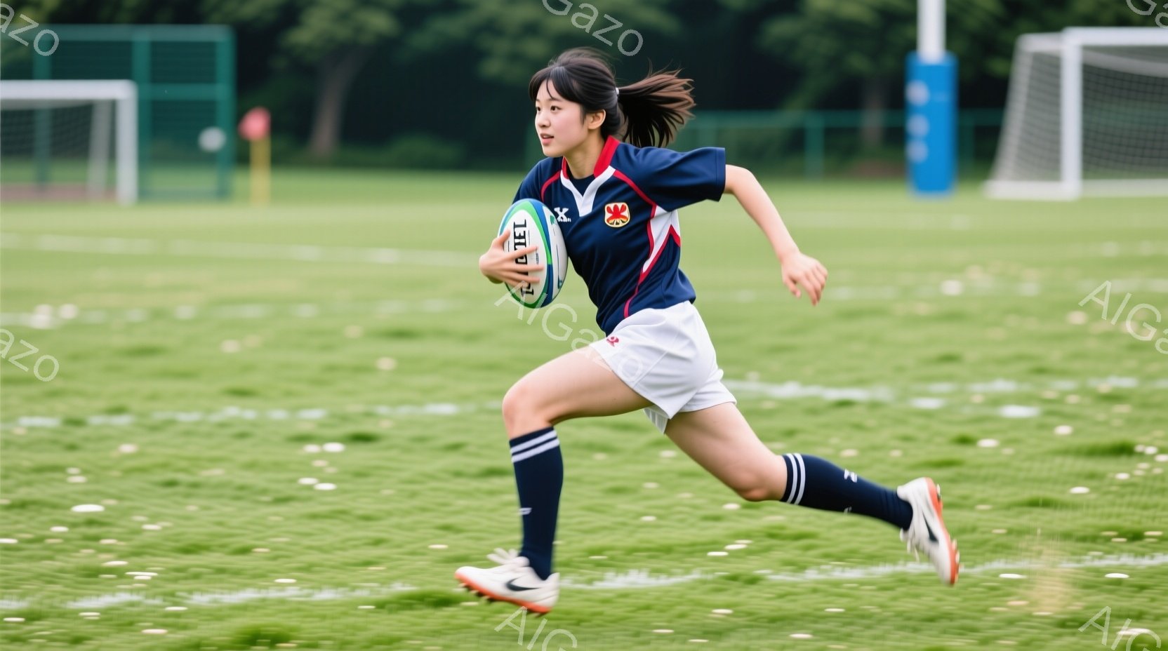 紺と白のストライプのラガーシャツに白いショートパンツ、濃い青色のソックスと白のスニーカーを履いた若い女性が、緑の芝生の上をボールを持って走っている。彼女は髪をポニーテールにし、集中した表情で前を見据え - AI生成フリー素材