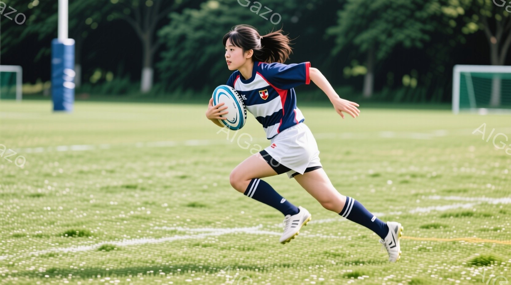 ラグビーボールを持った若い女性が、緑の芝生の上を走っている。彼女は紺色と白のストライプの襟と袖を持つ、濃い青色のラグビーシャツと白いショートパンツ、紺色のソックス、そしてスタッド付きのサッカーシューズを着用している。背景には、木々が見え、晴れた日の屋外のラグビーフィールドで、活気に満ちたスポーツの雰囲気が感じられる。