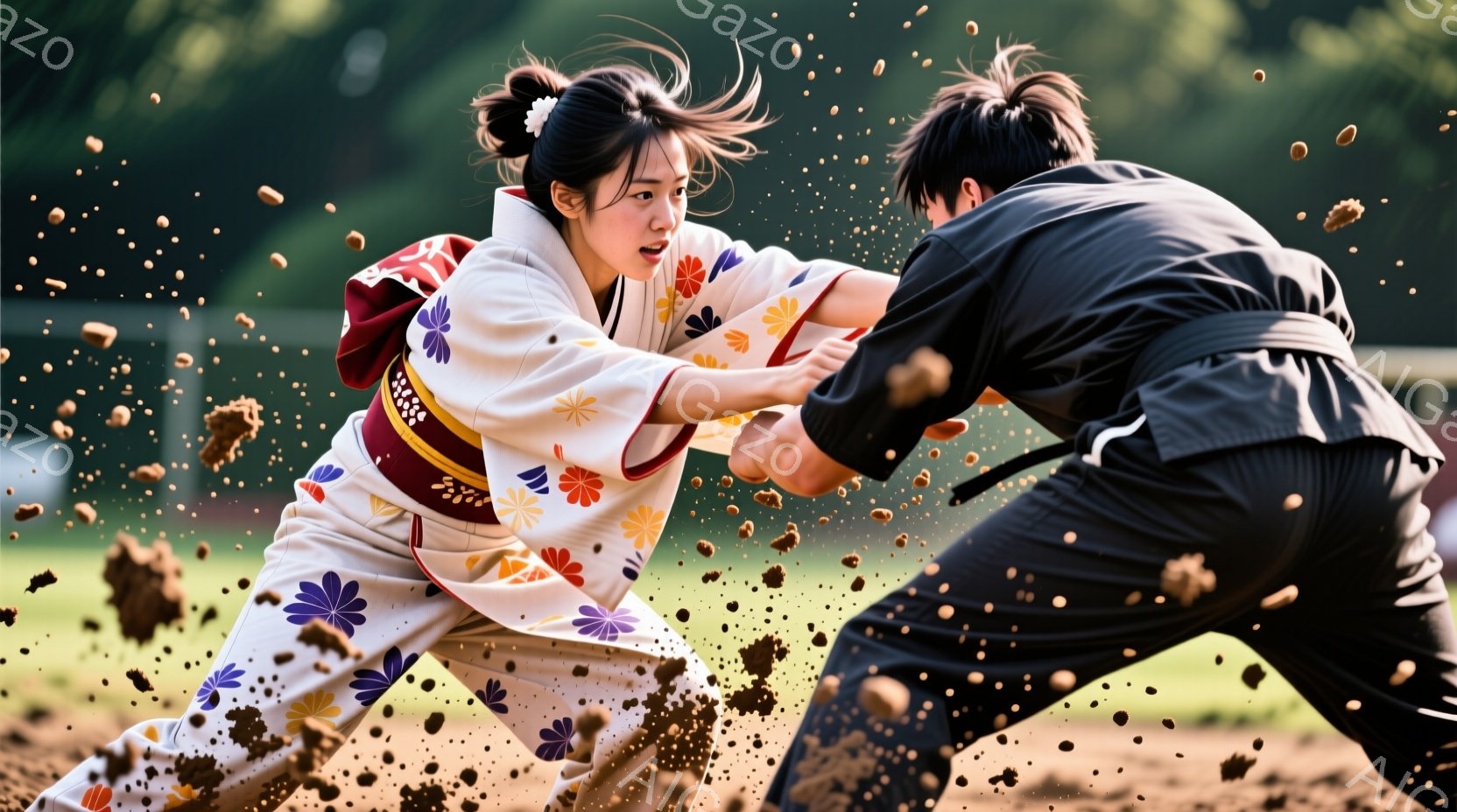 白地に色とりどりの花模様が入った着物を着た女性と、黒い柔道着を着た男性が土俵上で激しく組み合っている様子が描かれている。女性は髪を高く結い上げ、力強い表情で相手と組み合い、男性は低い姿勢で相手に力を込めている。背景には緑豊かな自然が広がり、土が舞い上がって力強い対決の雰囲気を高めている。