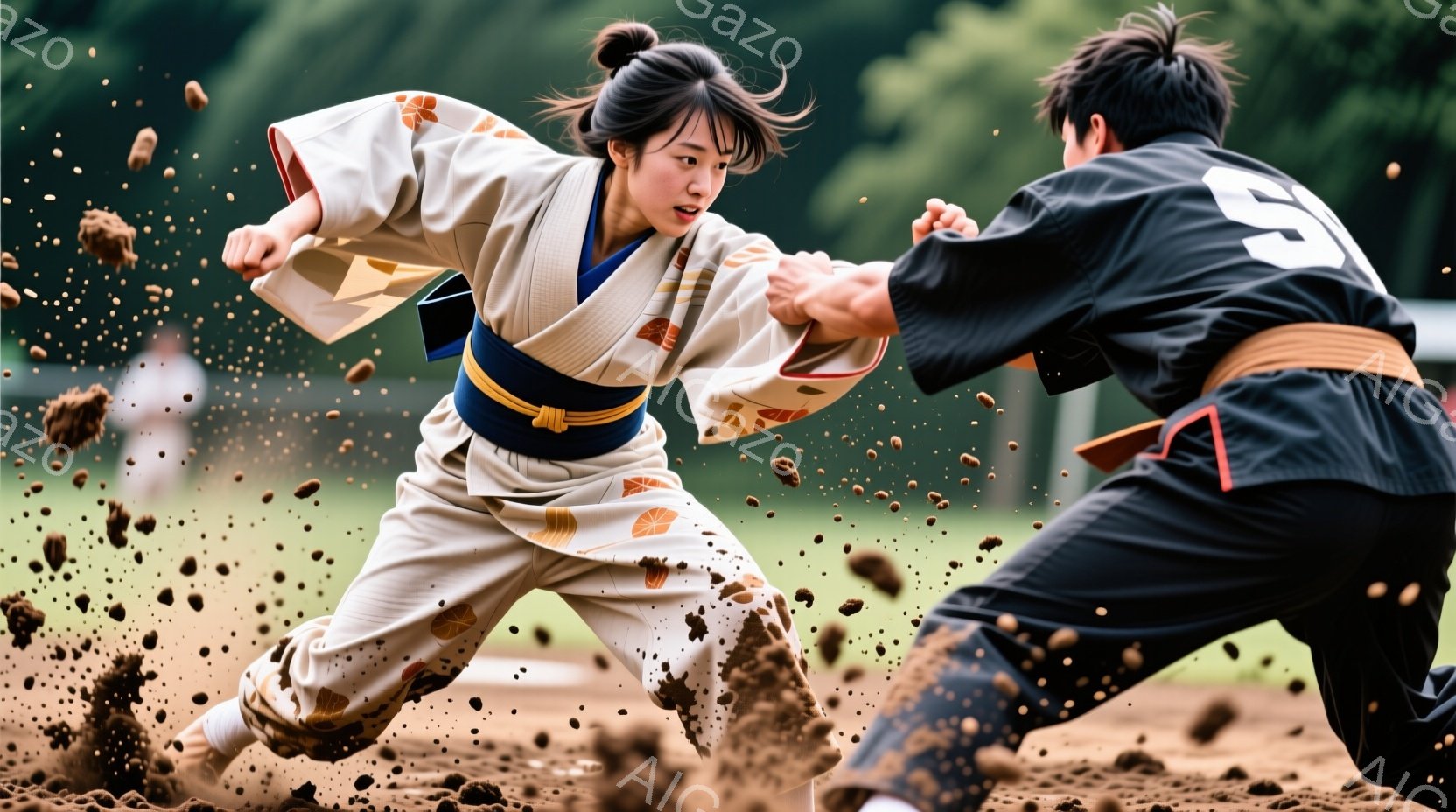 競技者は土俵上で激しい格闘を繰り広げており、女性はクリーム色の、オレンジ色の模様が入った着物と、濃い青色の帯を締めています。彼女は髪を高く結い、決意に満ちた表情で相手に立ち向かっています。背景には緑豊 - AI生成フリー素材
