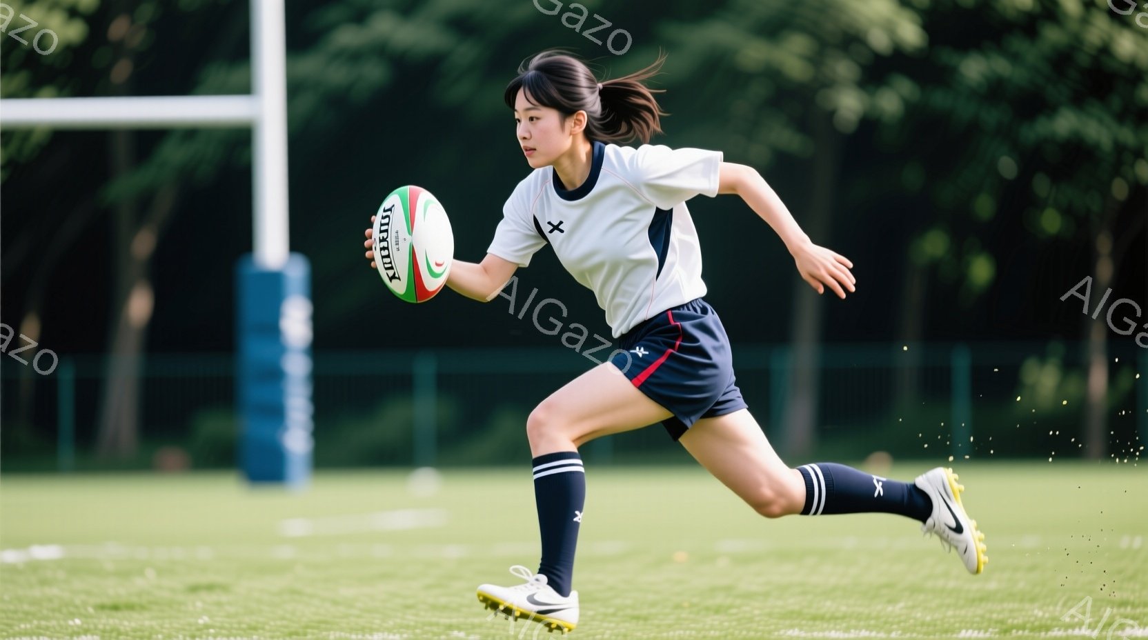 ラグビーボールを持った若い女性が、緑の芝生の上を全速力で走っている。白い半袖シャツと紺色のショートパンツ、ハイソックス、そして白のスニーカーを身につけており、ポニーテールにしている。背景には青い柱と緑 - AI生成フリー素材