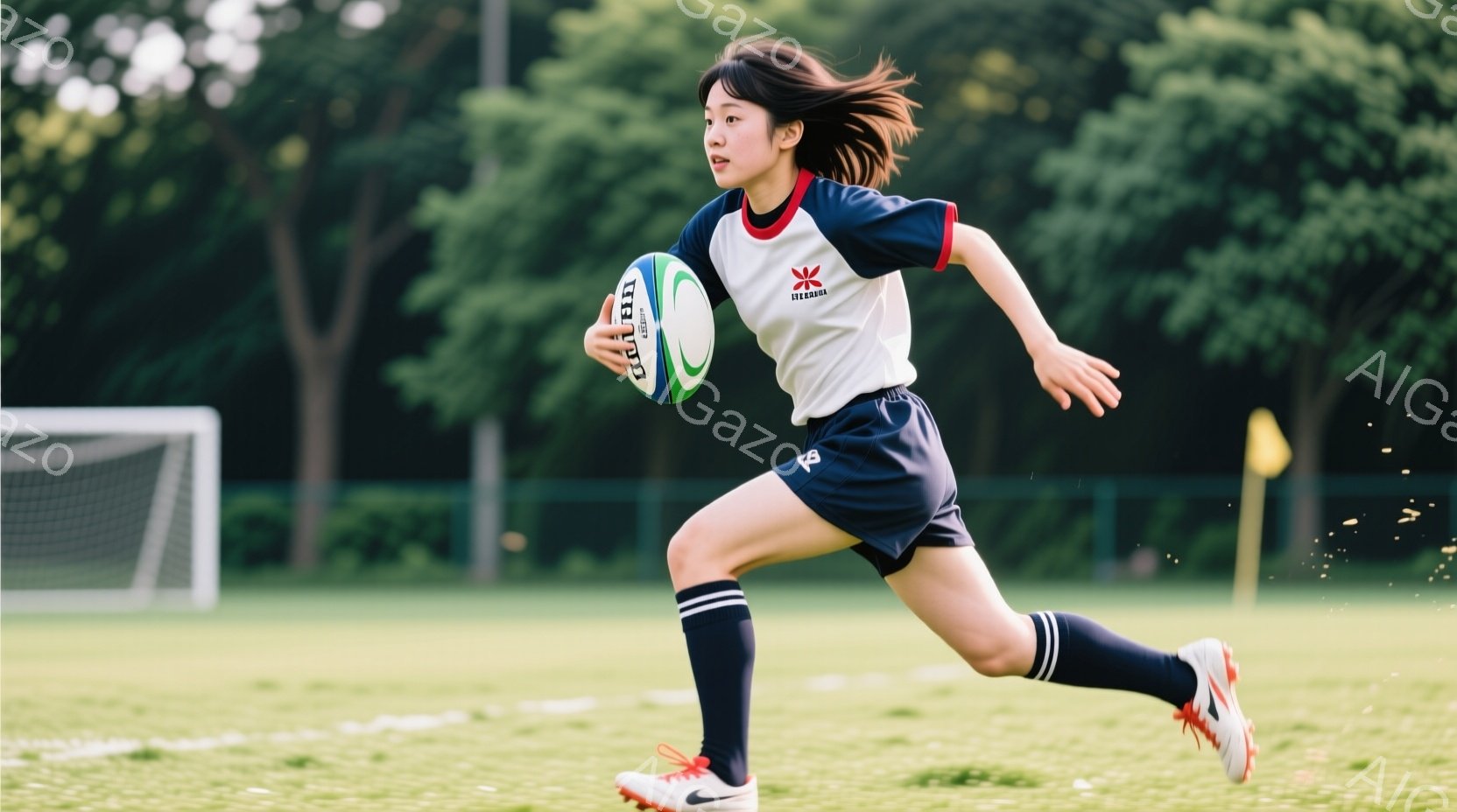 ラグビーボールを持つ若い女性が、緑の芝生の上を力強く走り抜けている。紺色の膝丈ソックスとショートパンツ、白と紺のストライプのラグビージャージ、そして白いスニーカーを身に着けており、髪はポニーテールに結 - AI生成フリー素材