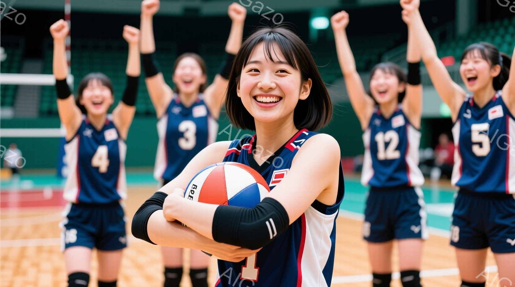 バレーボール選手と思われる女性たちが、勝利を祝うように笑顔でポーズをとっています。赤いラインと青い部分が入ったジャージを着ており、髪型はポニーテールで、膝下にはサポーターをつけています。背景は体育館で、ネット越しに見える他の選手たちの姿もあり、全体的に活気があり、明るい雰囲気が伝わってきます。