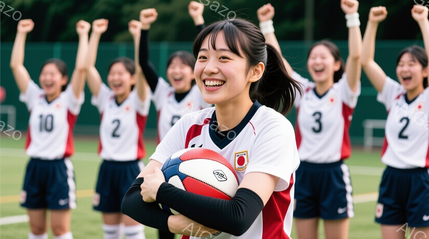 ラグビーボールを抱きかかえた若い女性が中央に写っている。彼女は白い襟と赤いアクセントのある白いラグビーユニフォームを着用し、笑顔でカメラを見ている。背景には、同じユニフォームを着た他の女性たちが両手を上げて喜びを表現しており、緑の芝生とわずかに見える建物が広がる晴れた日の屋外で撮影された様子が伺える。