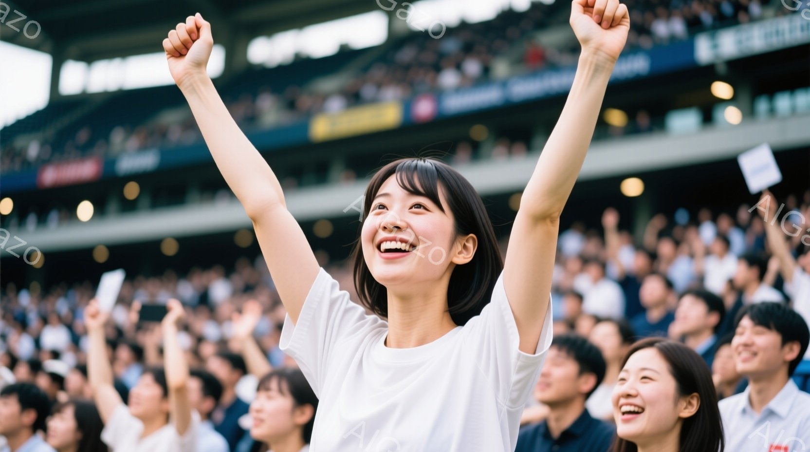 観客席で女性が両手を高く上げて喜んでいる様子が写っている。彼女は白いTシャツを着ており、黒髪で、満面の笑みを浮かべている。背景には多くの観客と、体育館のような屋内の構造が見え、熱狂的な雰囲気を感じさせる。
