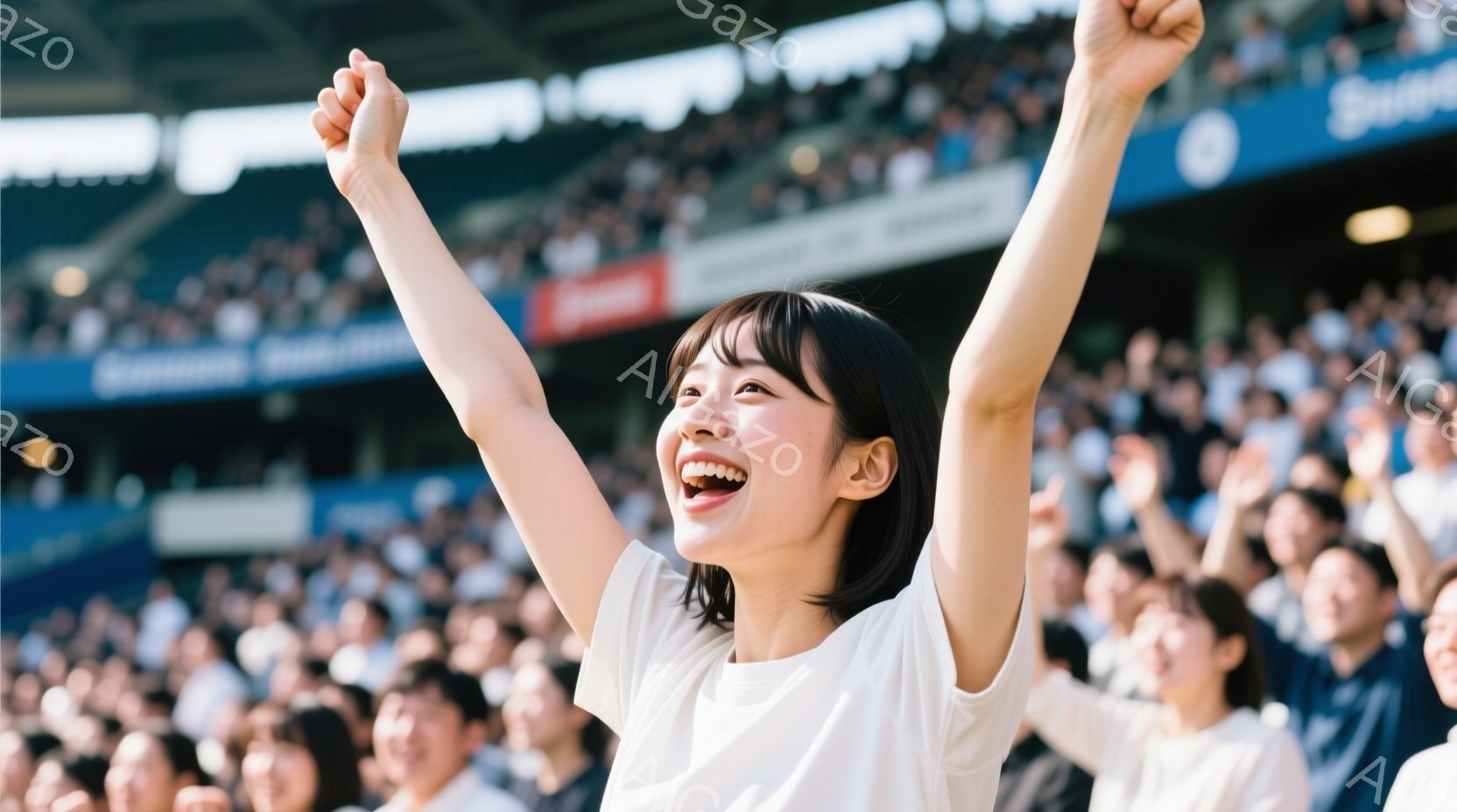 短い黒髪の女性が観客席で両手を高く上げ、満面の笑みを浮かべている。白いTシャツを着ており、背景には多くの観客とスタジアムの席が見える。全体的に、喜びと興奮に満ちた、活気のある雰囲気を感じさせる画像である。