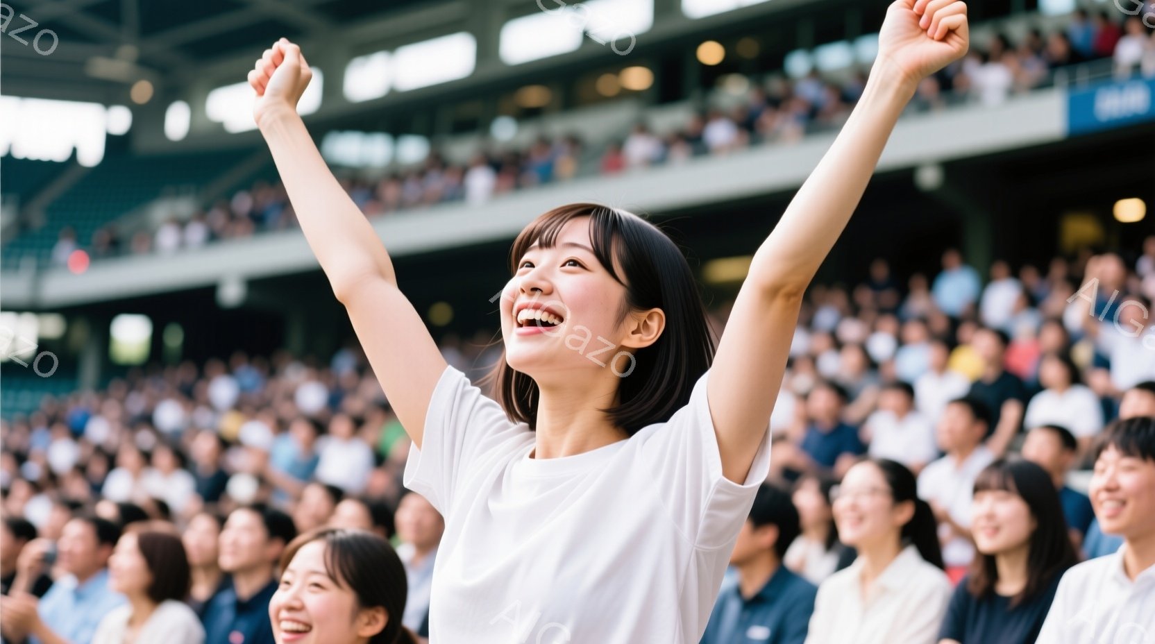 白いTシャツを着た若い女性が両手を高く上げ、満面の笑みを浮かべている。背景には観客席が広がり、多くの人が座っており、活気に満ちた雰囲気を感じさせる。観客席は体育館やスタジアムの一部に見え、イベントや試合の最中であることが推測できる。