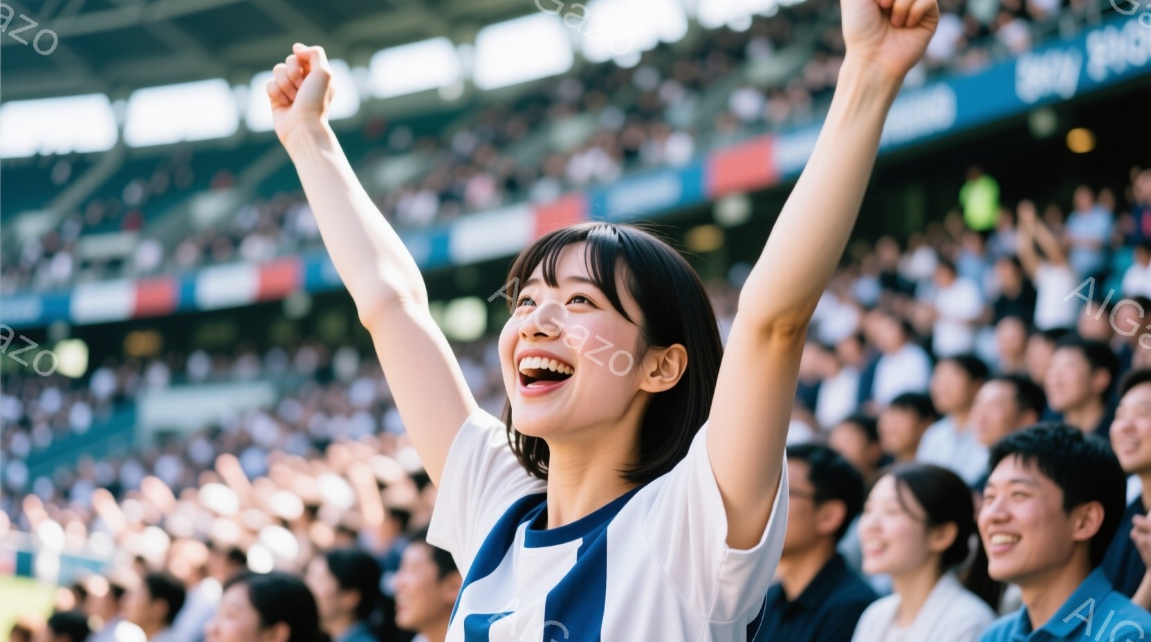 観客席にいる若い女性が、両手を高く上げて歓声をあげています。彼女は黒髪のショートヘアで、白い襟と青いラインが入った白いシャツを着ています。背景には多くの観客とスタジアムの席が見え、明るい日差しが差し込み、活気に満ちた雰囲気が伝わってきます。