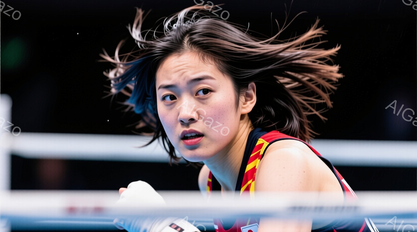 ボクシンググローブをはめた若い女性ボクサーのクローズアップです。彼女は赤い、黒、黄色のトリミングが施されたトップスを着ており、髪は試合の激しさで乱れています。彼女の表情は集中しており、決意と緊張が表れています。