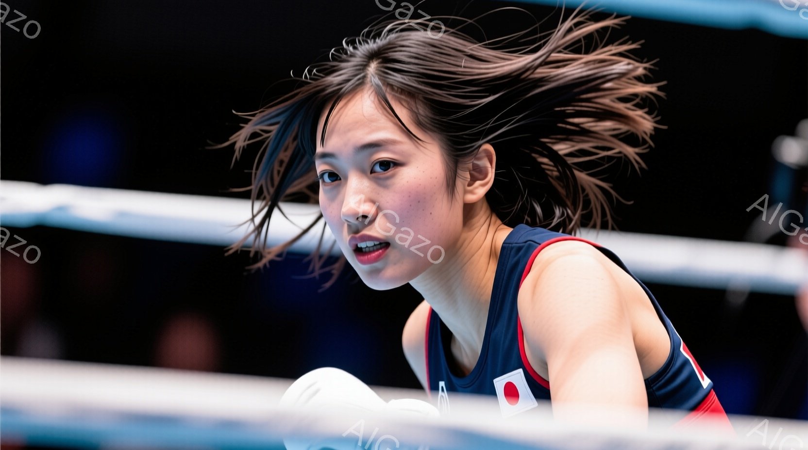 この女性はボクシングリングに立ち、赤いヘッドガードと青いタンクトップ姿で、真剣な表情で前を見据えています。髪は無造作に乱れ、汗ばんだ肌と引き締まった筋肉がアスリートの強さを際立たせています。リングのロ - AI生成フリー素材