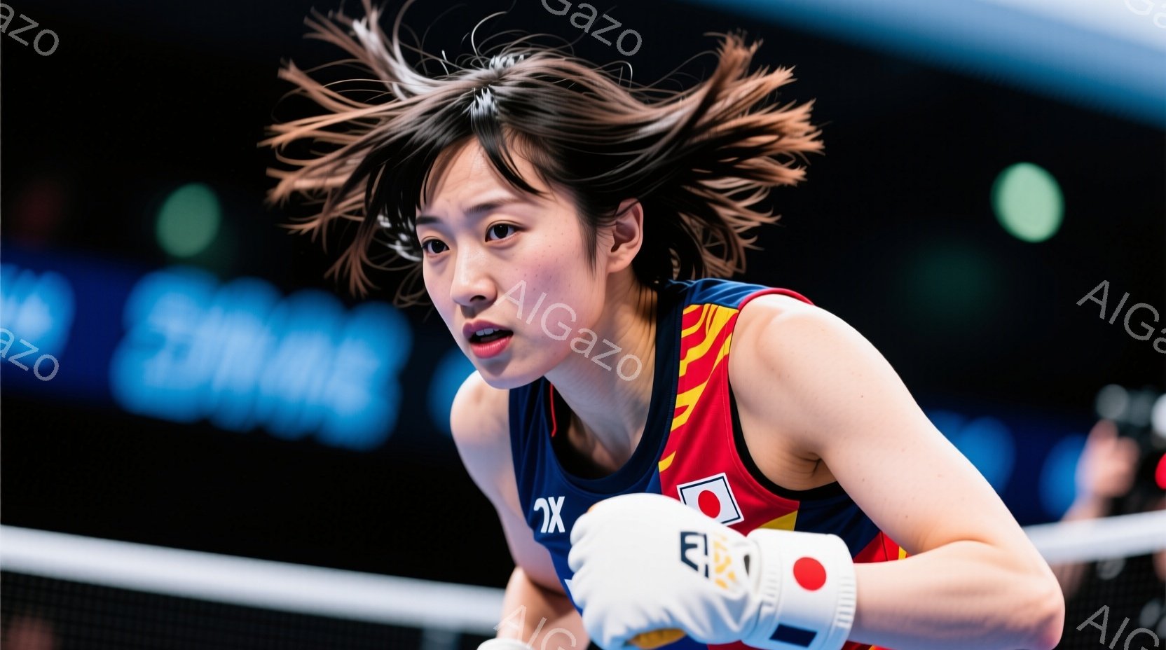 リングに立つ女性ボクサーを描いています。彼女は日本代表のユニフォーム（赤、白、黒の配色）を着ており、髪は汗で湿って前方に跳ねています。彼女は闘志に満ちた表情で、グローブを握り締め、次の動きに備えている - AI生成フリー素材