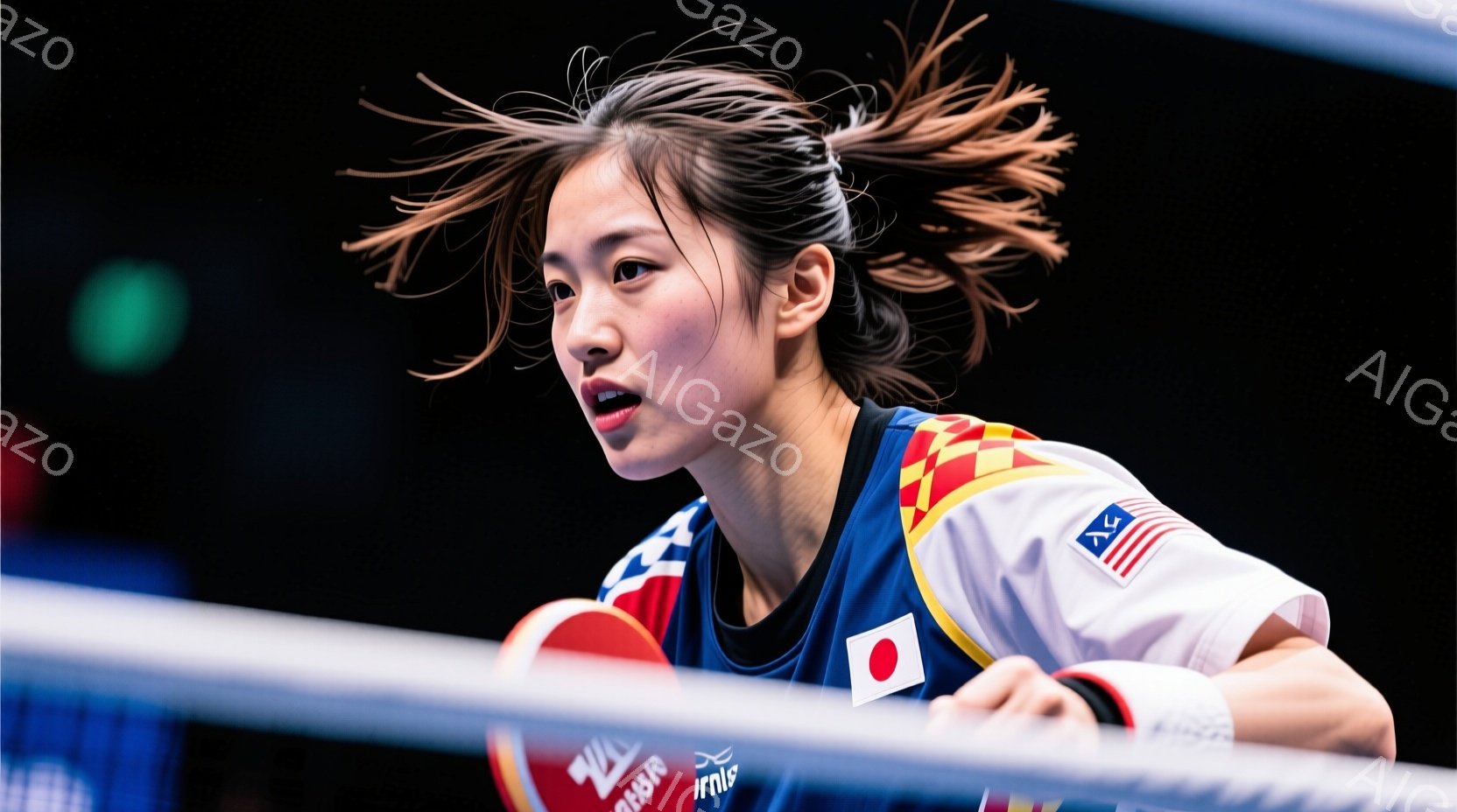 卓球の試合中の女性選手を捉えています。彼女は青と黒のユニフォームを着用し、髪はポニーテール状に結ばれ、運動によって乱れています。集中した表情で、ラケットを構え、次のボールを迎えようとしています。 - AI生成フリー素材