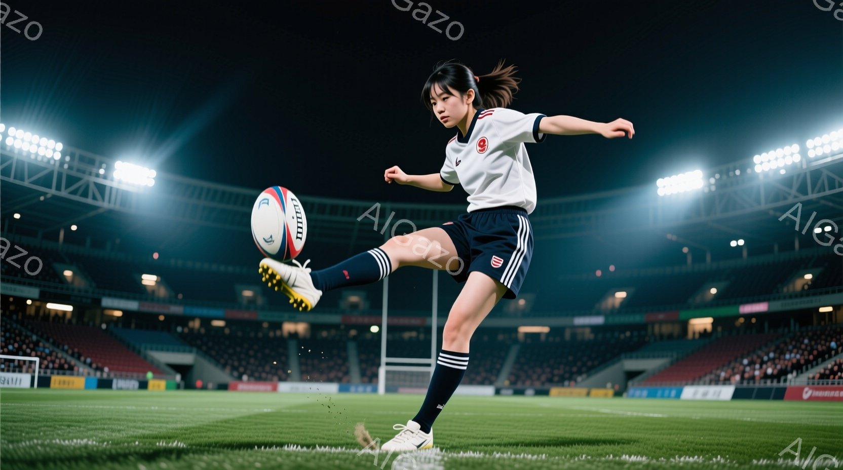 ラグビーボールを蹴り上げる女性選手が写っている。白の半袖シャツに紺色のショーツ、膝丈のソックスを履き、髪はポニーテールにしている。背景は満席のスタジアムで、夜間の試合の雰囲気が漂っており、ライトが照らされている。
