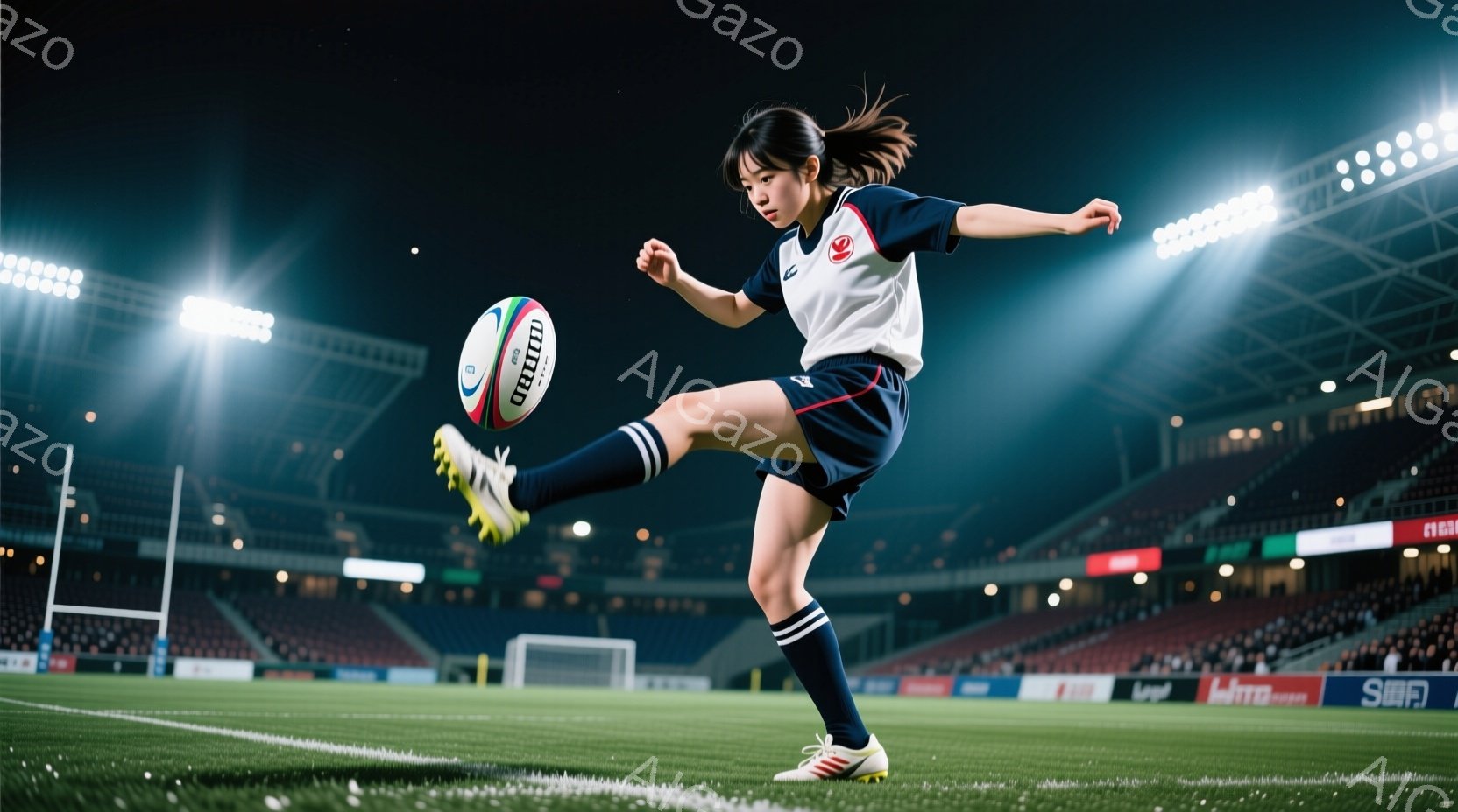 ラグビーの選手と思われる女性が、緑の芝生の上でボールを蹴り上げる瞬間を捉えた写真です。白の長袖シャツに紺色の短パン、紺色のソックスとスパイクを履き、髪をポニーテールにしています。背景には観客席が広がり - AI生成フリー素材