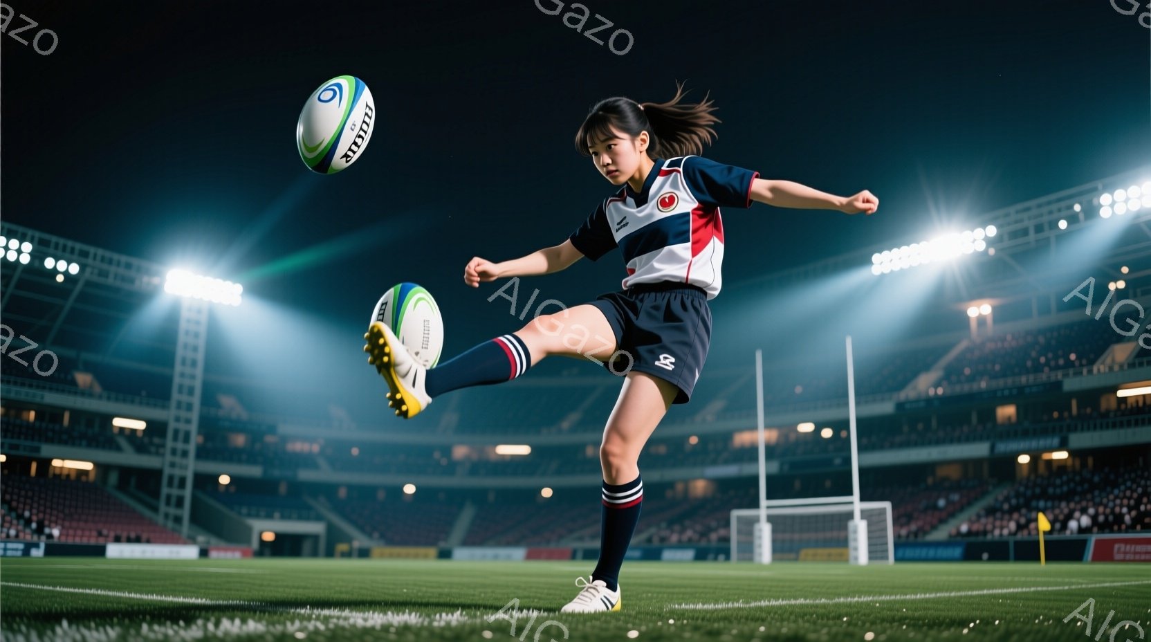 ラグビーの試合中に、若い女性選手がボールをキックする瞬間を捉えた写真です。彼女は紺色と白のストライプのソックスと、黒と白のスポーティーな服装を着ており、髪はポニーテールに結ばれています。背景には観客席とスタジアムの照明が広がり、夜間の試合のダイナミックな雰囲気を醸し出しています。