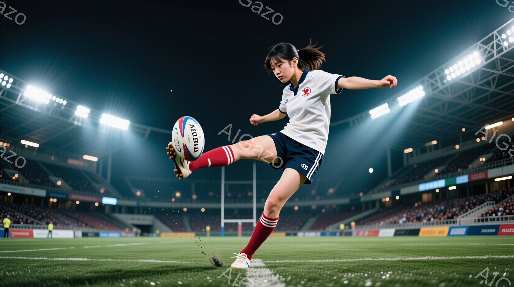 ラグビーボールを蹴り上げる若い女性の画像です。彼女は白いラグビーシャツに赤いソックスとスニーカーを履いており、髪は後ろでポニーテールに結ばれています。背景には観客席と照明が輝くラグビー場があり、夜間の試合の雰囲気です。
