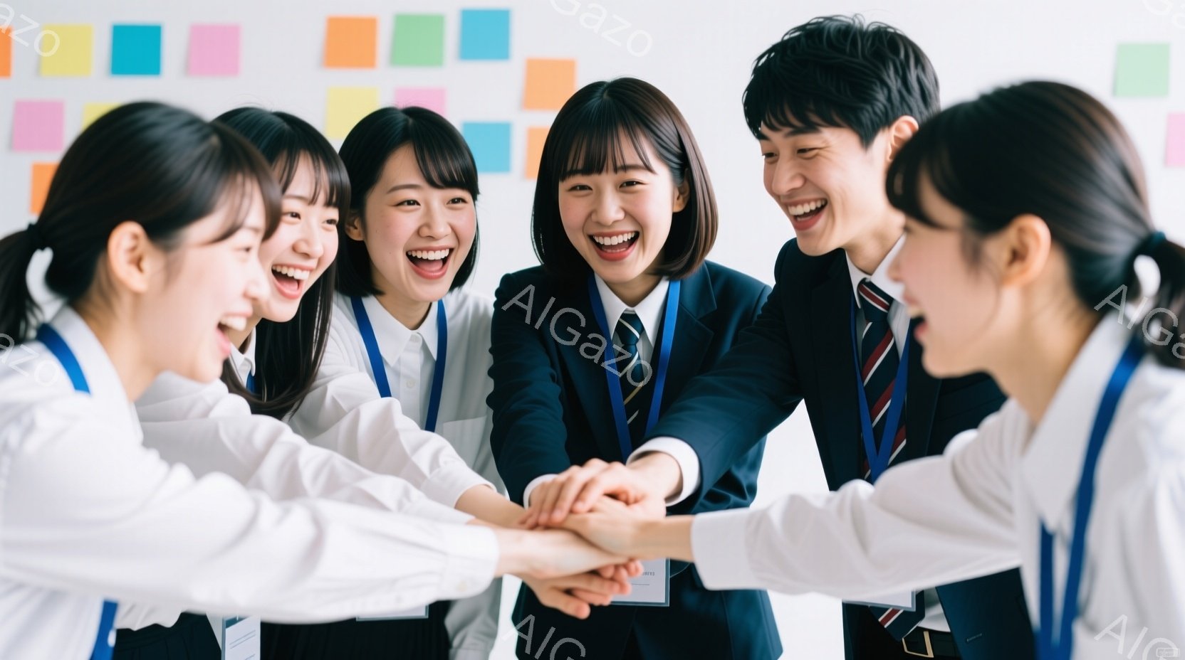 制服を着た若い男女が円になって互いの手を重ね、皆笑顔で喜びを分かち合っています。背景にはカラフルな付箋が貼られた白い壁があり、明るく活気のある雰囲気が伝わってきます。彼らは楽しそうで、チームワークや成功を祝っている様子が伺えます。