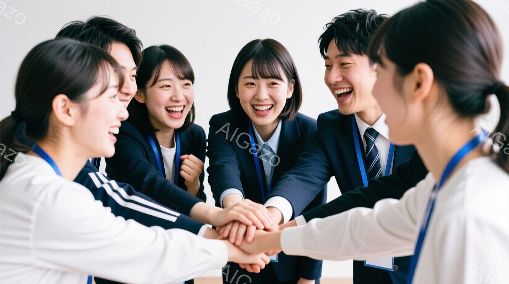 若者たちが円陣を組み、互いに手を重ねている様子が写っている。彼らは皆、紺色のブレザーに白いシャツ、ネクタイまたはリボンを着用し、笑顔で活気に満ちている。背景は白っぽく、室内であることがわかるが、具体的 - AI生成フリー素材