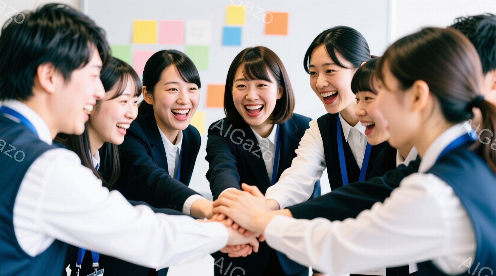 複数の若いビジネスパーソンが円形に手をつないで喜びを分かち合っています。全員が紺色のジャケットに白のシャツ、そして身につけたIDカードをつけており、笑顔で活気に満ちた表情をしています。背景には白壁とい - AI生成フリー素材