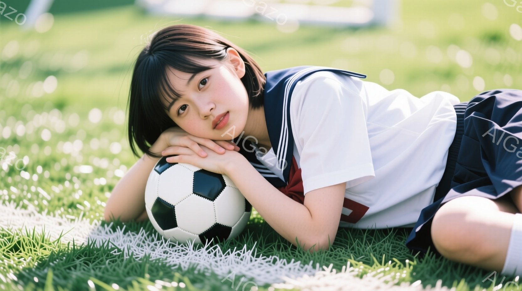 緑の芝生の上に、制服を着た若い女性が横たわっています。彼女は紺色のブレザーと白いシャツを着ており、短い黒髪が顔の横に垂れています。彼女は片腕を枕にしてサッカーボールに寄りかかり、穏やかな微笑みを浮かべています。