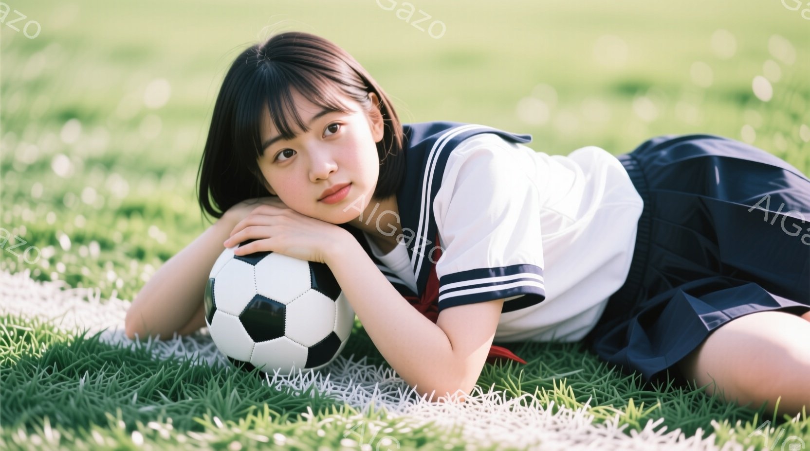緑の芝生の上に横たわる制服姿の若い女性が写っています。彼女はサッカーボールを抱え、少し微笑んだ表情でカメラを見つめており、黒髪を肩まで伸ばしたヘアスタイルです。背景は一面の緑で、晴れた日の穏やかな雰囲 - AI生成フリー素材