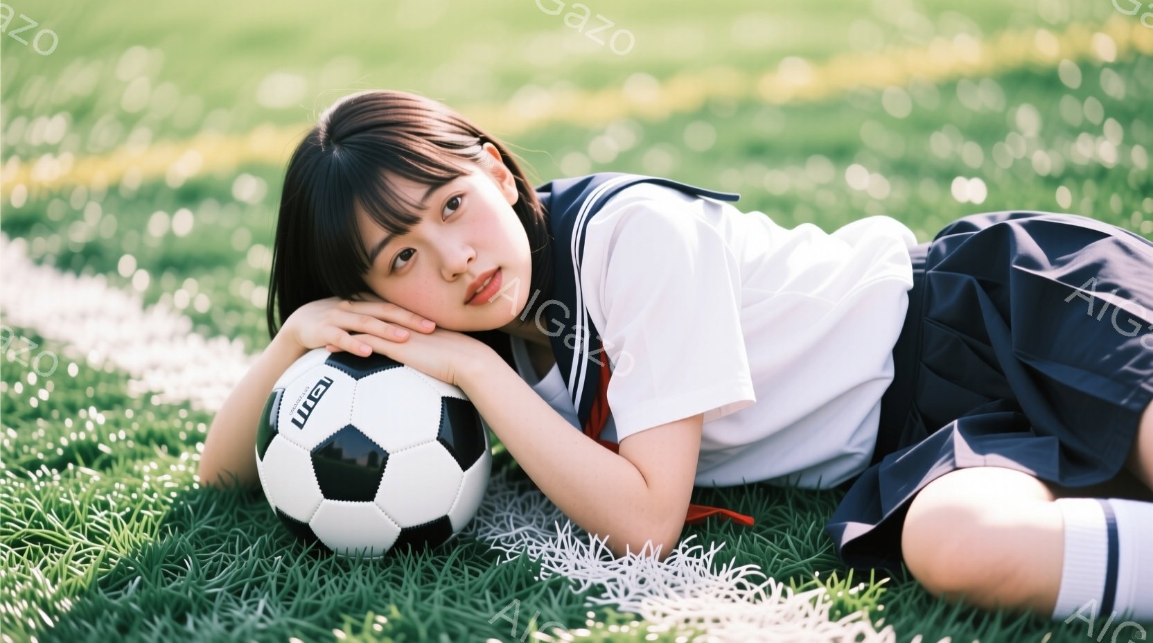 少女は緑の芝生の上に横たわり、抱き枕のようにサッカーボールを抱えています。紺色のセーラー服に白のラインが入った靴下を履き、黒髪のロングヘアをサイドに流しています。彼女は微笑んでおり、穏やかでリラックスした雰囲気が漂っています。