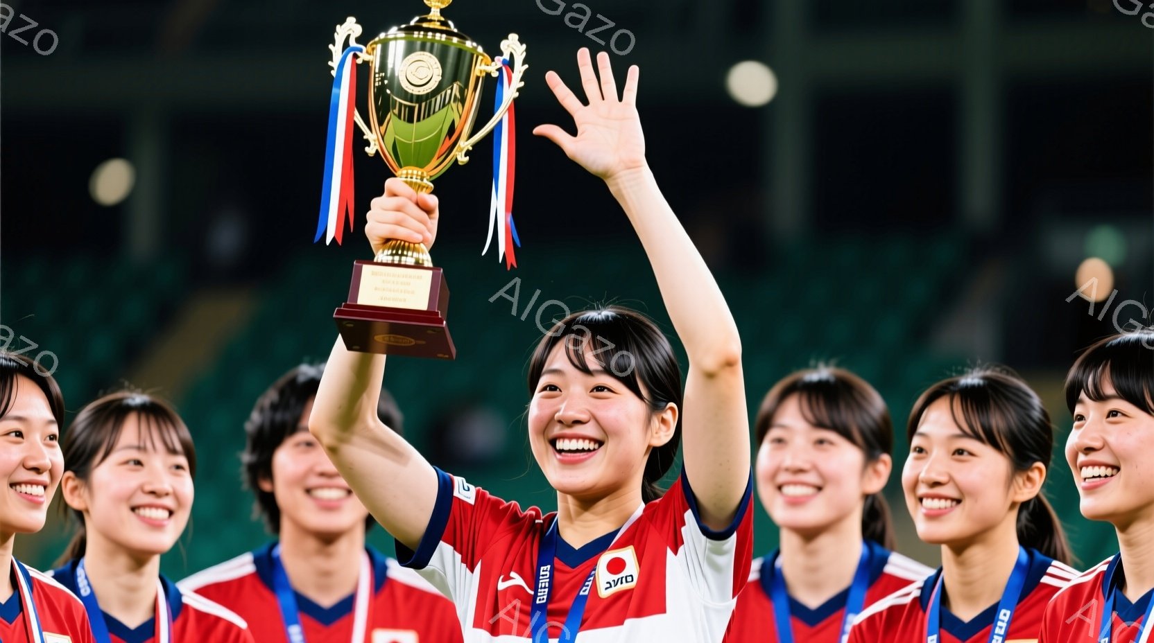 赤いユニフォームと青いメダルをつけた女性サッカー選手たちが、金色のトロフィーを掲げて喜んでいます。彼女たちは皆、笑顔で髪を後ろに束ね、勝利の喜びを表現しています。背景は緑色の芝生で、観客席がある競技場 - AI生成フリー素材