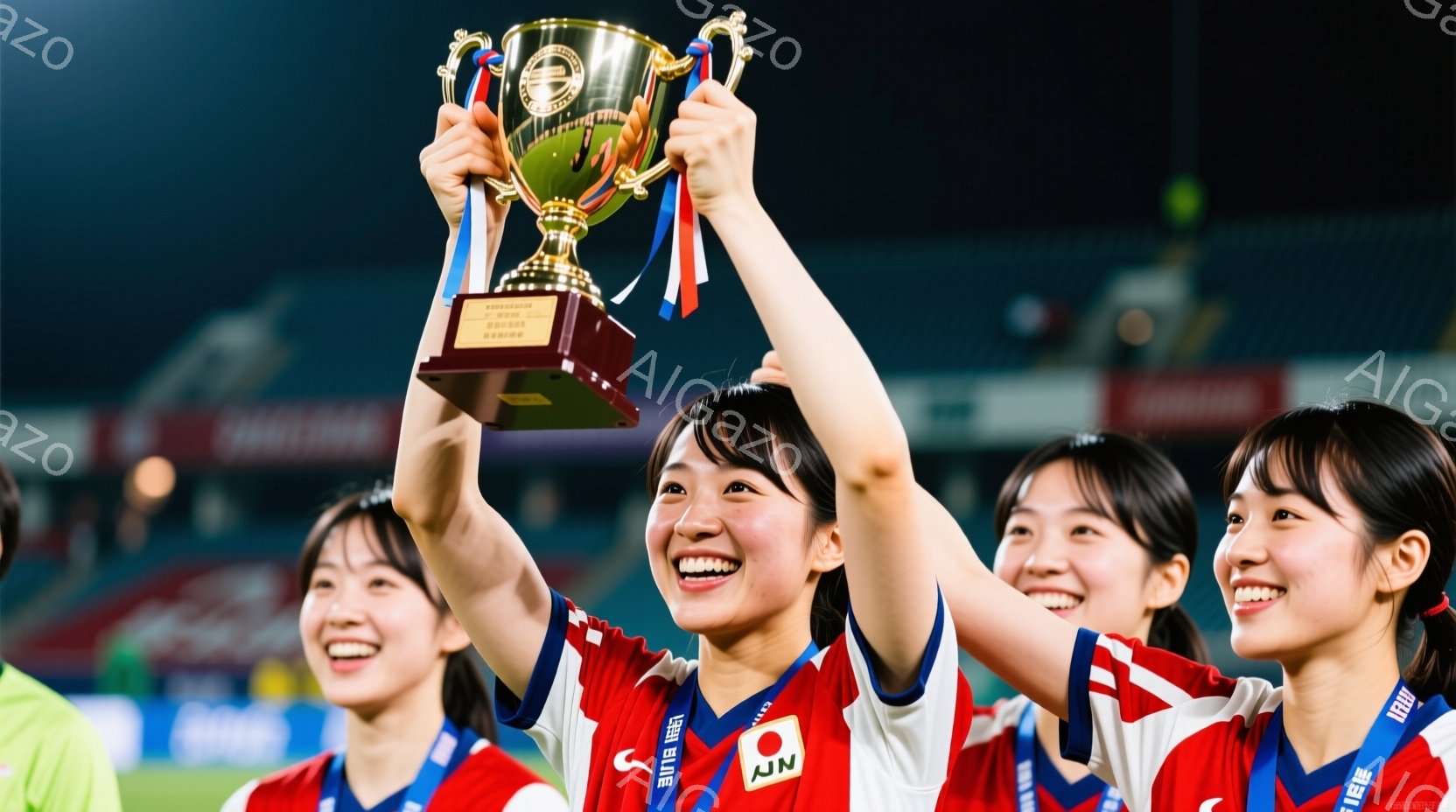 赤いシャツと白いズボンを着用した日本の女性サッカー選手たちが写っています。彼女たちは皆、勝利のトロフィーを高く掲げ、満面の笑みを浮かべています。背景は夜のスタジアムで、観客席の明かりがぼんやりと見え、 - AI生成フリー素材