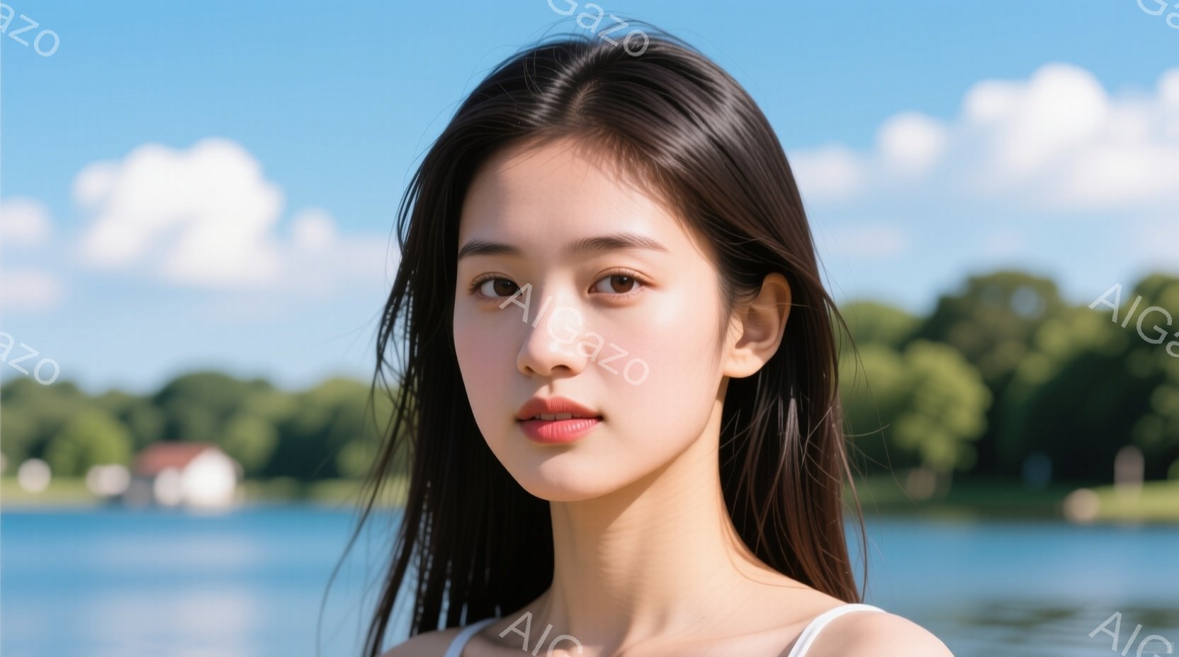 長い黒髪を濡らした若い女性が写っている。彼女はわずかに微笑んでおり、薄い色の服を着ている。背景には穏やかな湖と緑豊かな木々、そして遠くに見える白い家屋があり、晴天の下、静かで穏やかな雰囲気を醸し出して - AI生成フリー素材