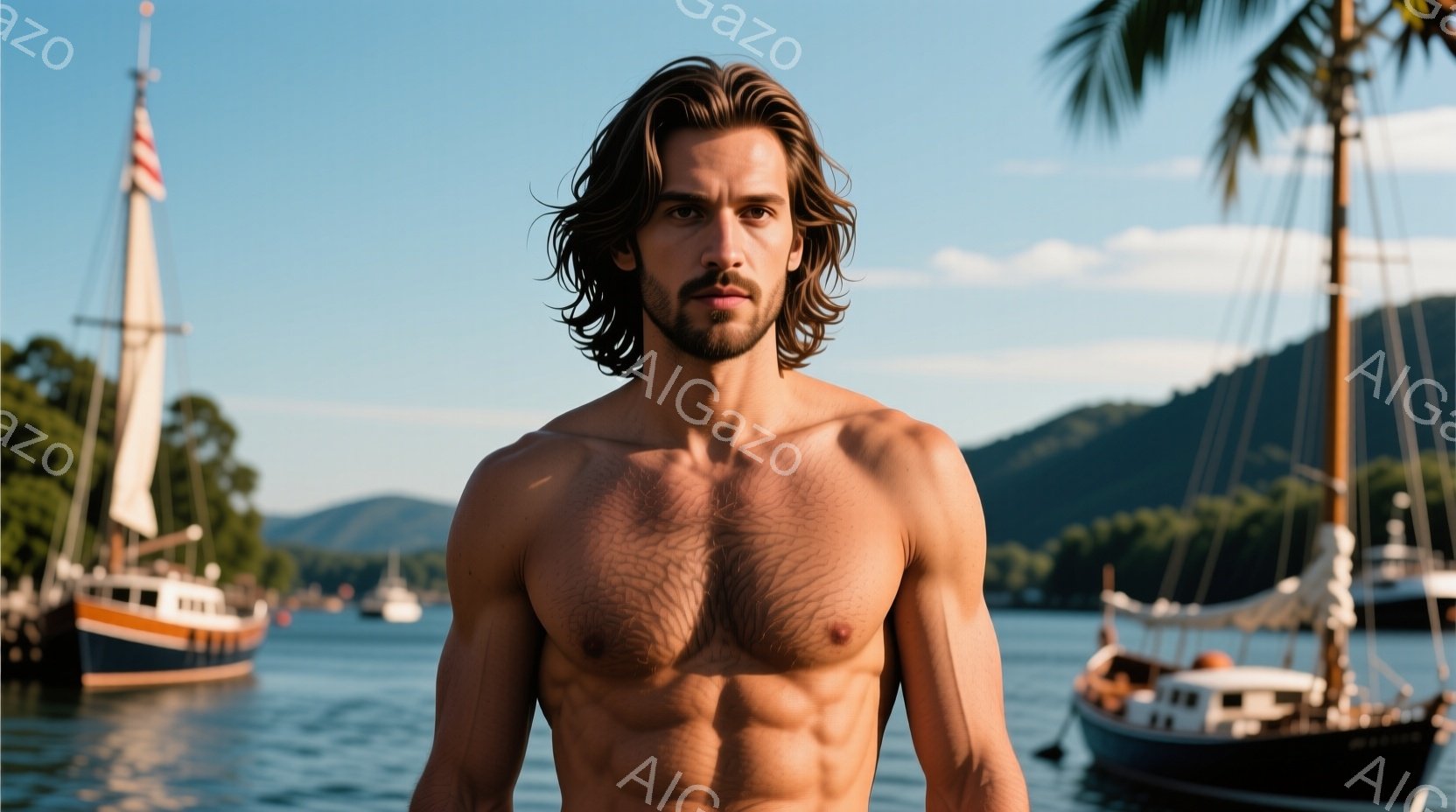 逞しい体格の男性が上半身裸で正面を見据えています。日焼けした肌と豊かな胸毛が特徴的で、長めの髪は無造作に肩にかかっています。背景には、ヨットが停泊する穏やかな海と、緑豊かな山々が広がっており、晴天でリラックスした雰囲気が漂っています。