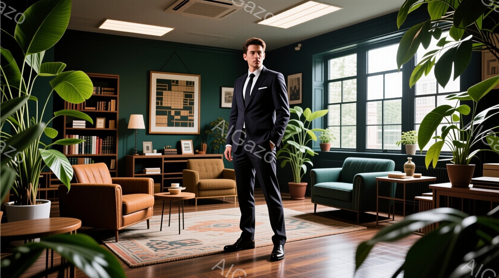 部屋の中心に、黒いスーツと白いシャツ、黒いネクタイを着用した男性が立っている。彼は自信に満ちた表情で、まっすぐに立っており、フォーマルな装いと姿勢が印象的である。背景には木製の床、緑色の壁、本棚、そし - AI生成フリー素材