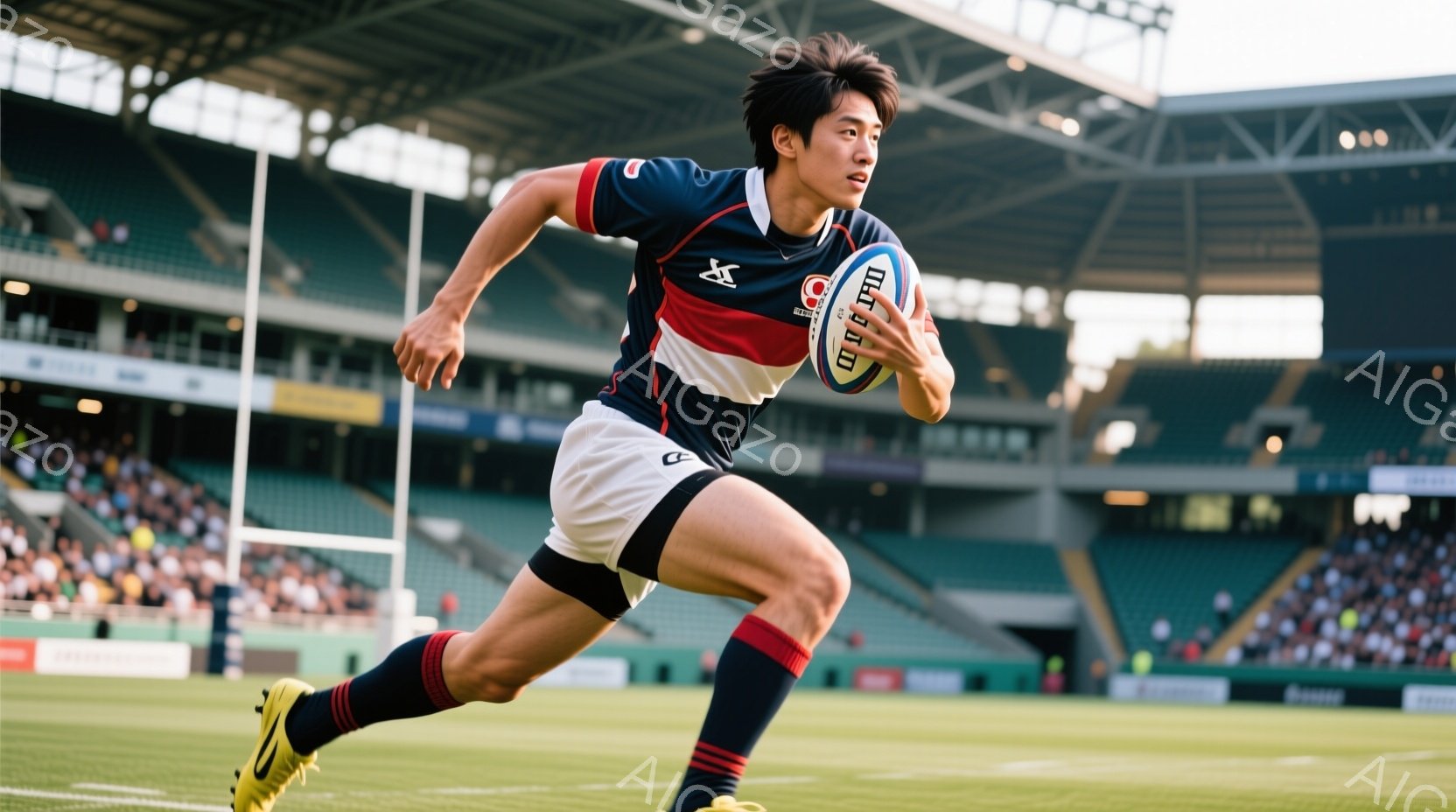 ラグビー選手が緑の芝生の上をボールを持って走っている様子が写っている。彼は紺と白のストライプのシャツと、紺のショートパンツとソックスを着用しており、髪は短く整えられている。背景には観客席が広がり、晴天の下、スタジアムの熱気が感じられる。