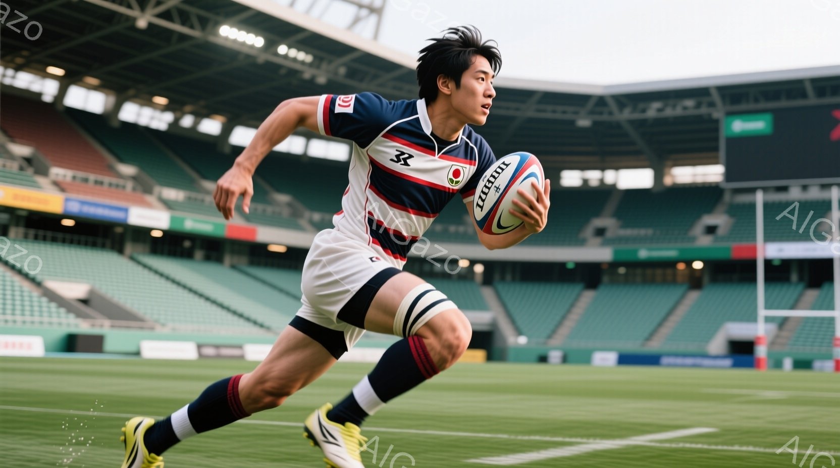 ラグビー選手が緑の芝生の上を全力疾走している様子が写っている。紺色と白を基調としたユニフォームに、日本の旗の色である赤のラインが入っており、黒髪を短く切り揃えた選手は、真剣な表情でボールを抱えている。背景には観客席が広がり、晴天の下、スタジアムの雰囲気が伝わってくる。