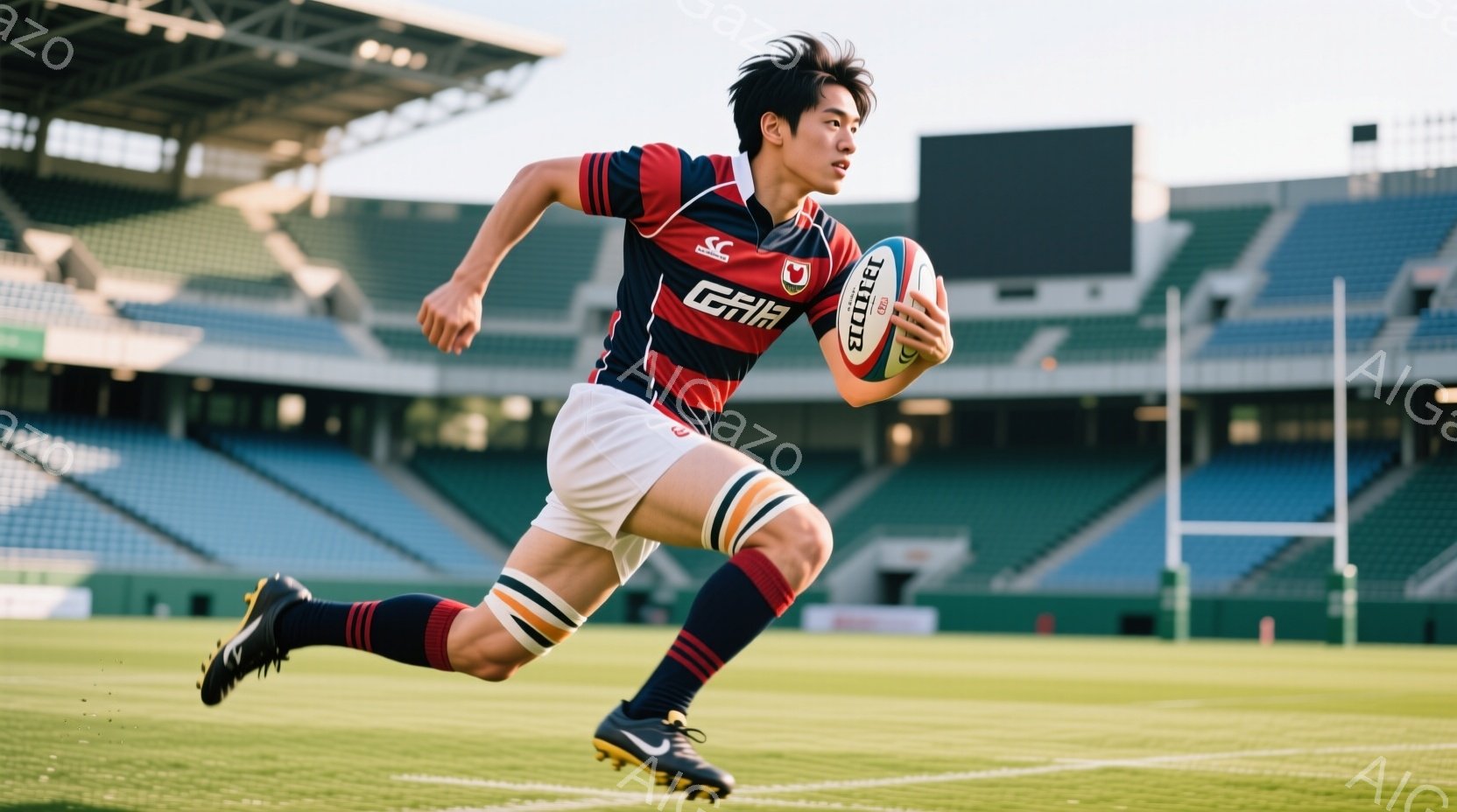 競技場内の緑の芝生の上を、黒、赤、紺色のラガーシャツと白いショートパンツ、紺色のソックスを着用した若い男性がボールを持って走っている。彼の髪は短く、表情は真剣で、スピード感のある動きを見せている。背景 - AI生成フリー素材