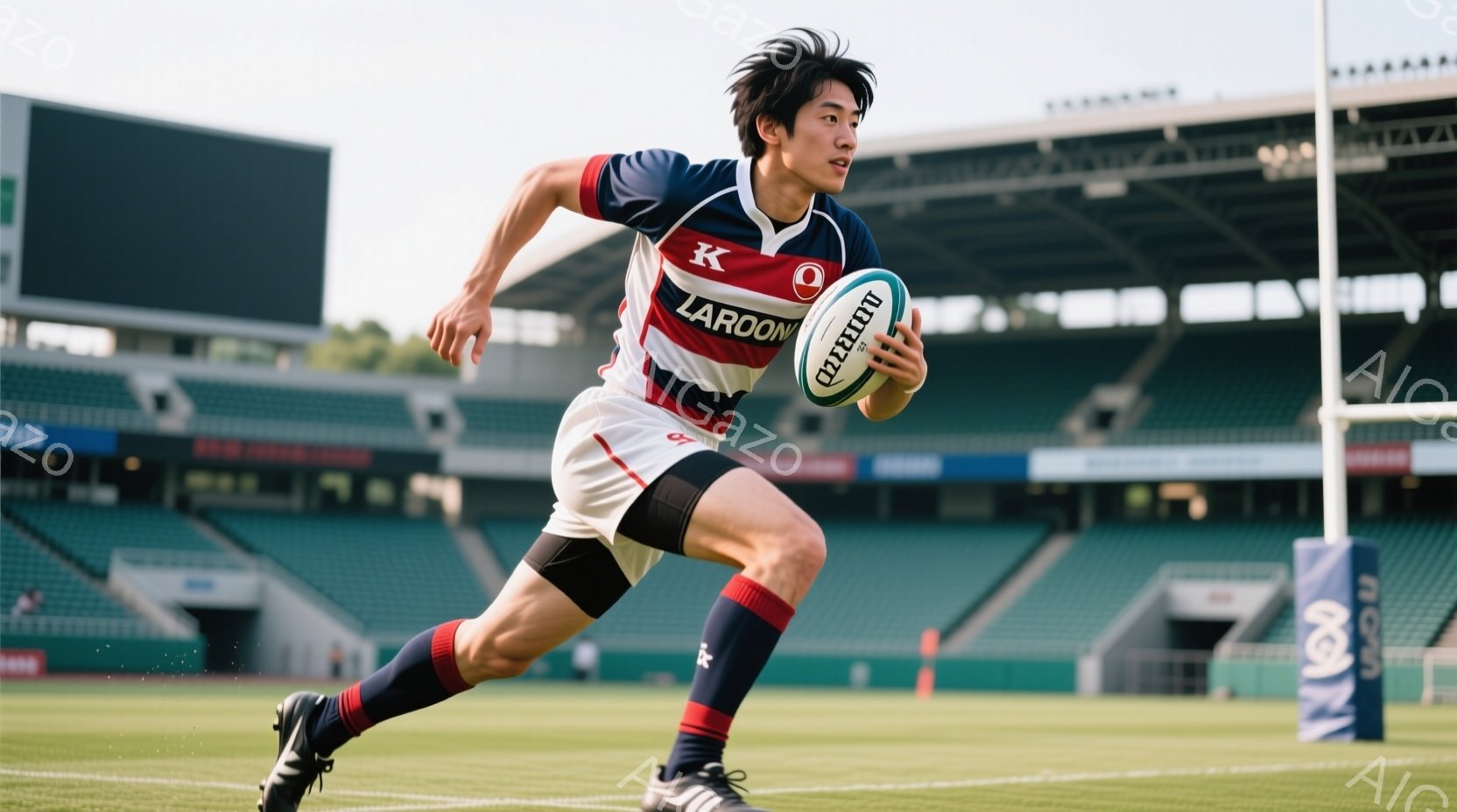 ラグビー選手が緑の芝生の上を疾走している。彼は赤、白、青のストライプの入ったラグビーユニフォーム、黒のショーツ、そして高い黒い靴下を着用し、髪は短く整えられている。背景には観客席が広がり、晴れた日の屋 - AI生成フリー素材