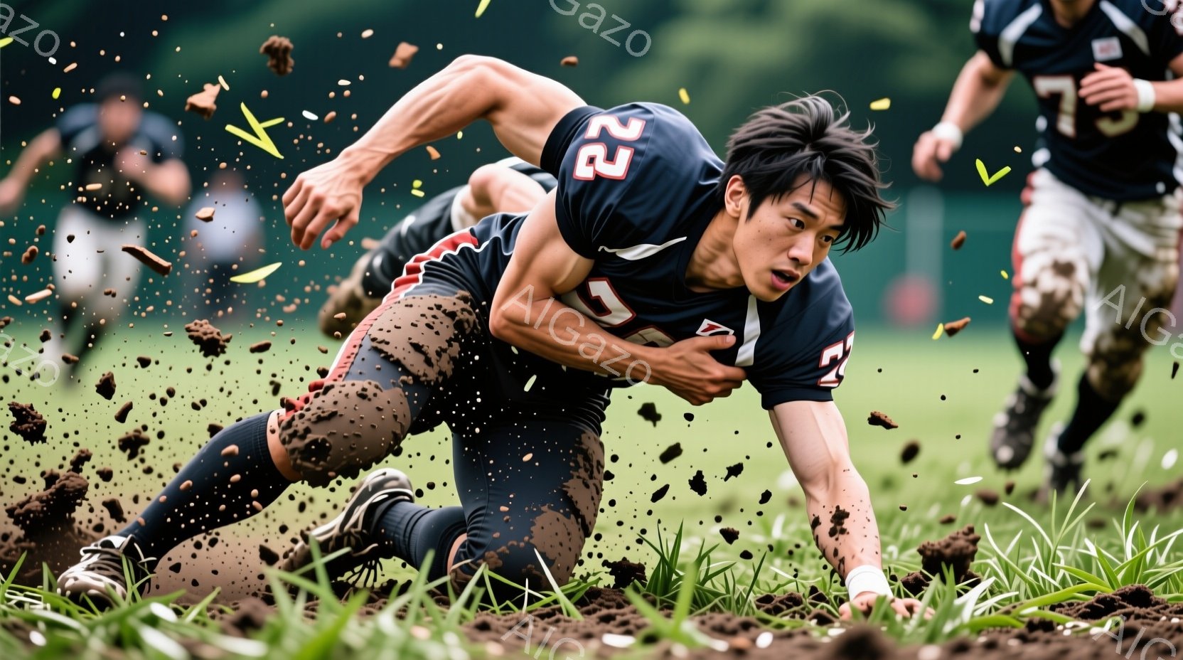 泥だらけの芝生の上で、紺色のユニフォームとヘルメットを着用した若い男性が、両腕を前に突き出し、地面に這いつくばっている。彼の表情は真剣で、力強く前進しようとしている様子が伺える。背景にはぼやけた緑の芝 - AI生成フリー素材