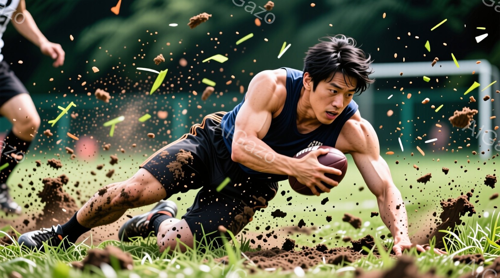 ラグビーの試合中に、紺色のユニフォームを着た若い男性選手がボールを持って走り、相手選手をかわそうとしている様子が捉えられています。彼は黒髪で、集中した表情で前を見据え、ダイナミックな姿勢でスピードを上げています。背景には緑の芝生とぼやけた観客席が見え、晴れた日の試合の活気を感じさせます。