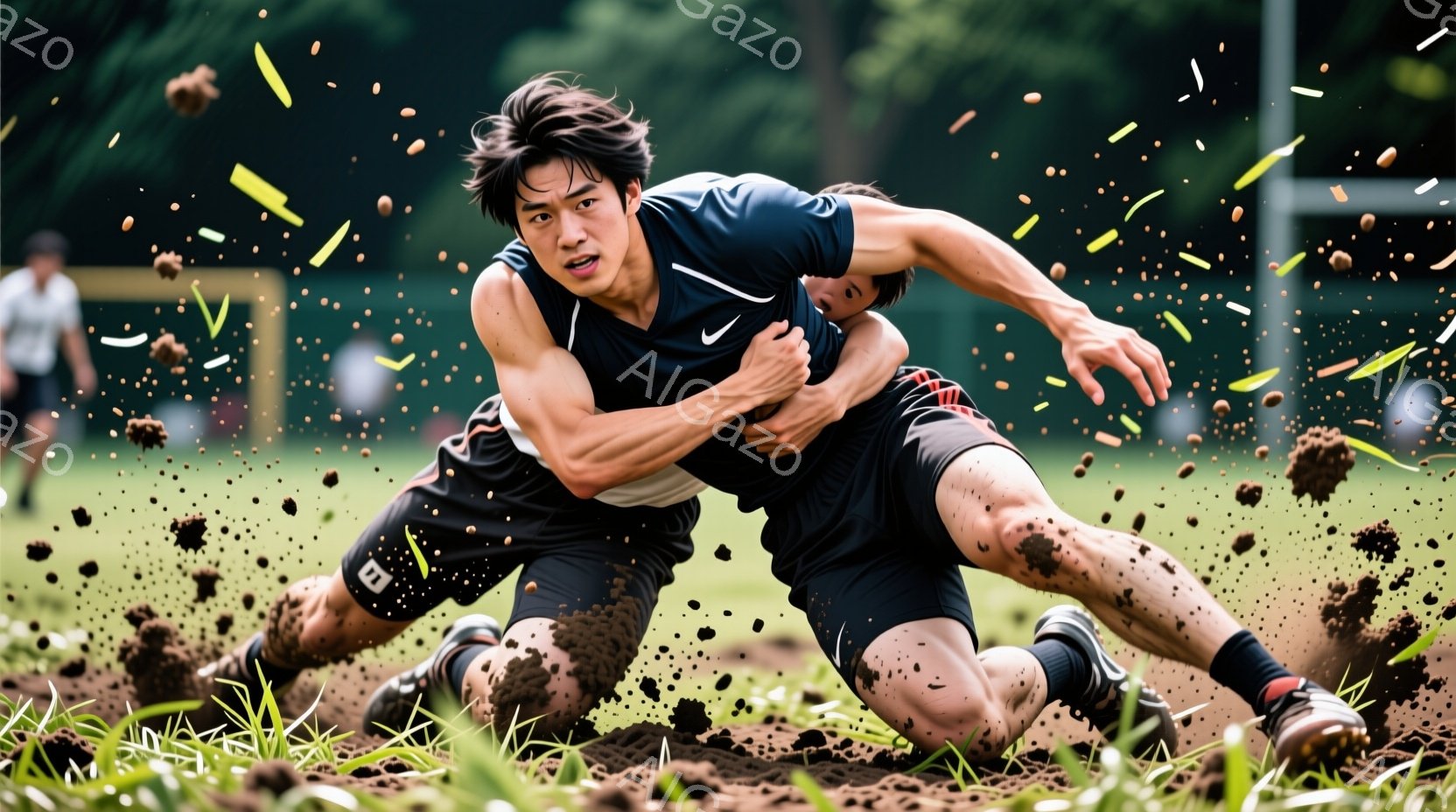 泥だらけのフィールドで、黒いユニフォームを着た若い男性が別の男性をタックルしようと、力強く抱きついている。彼の髪は少し乱れ、顔は集中と努力の表情を見せている。背景には緑の草地とぼやけた木々があり、激し - AI生成フリー素材
