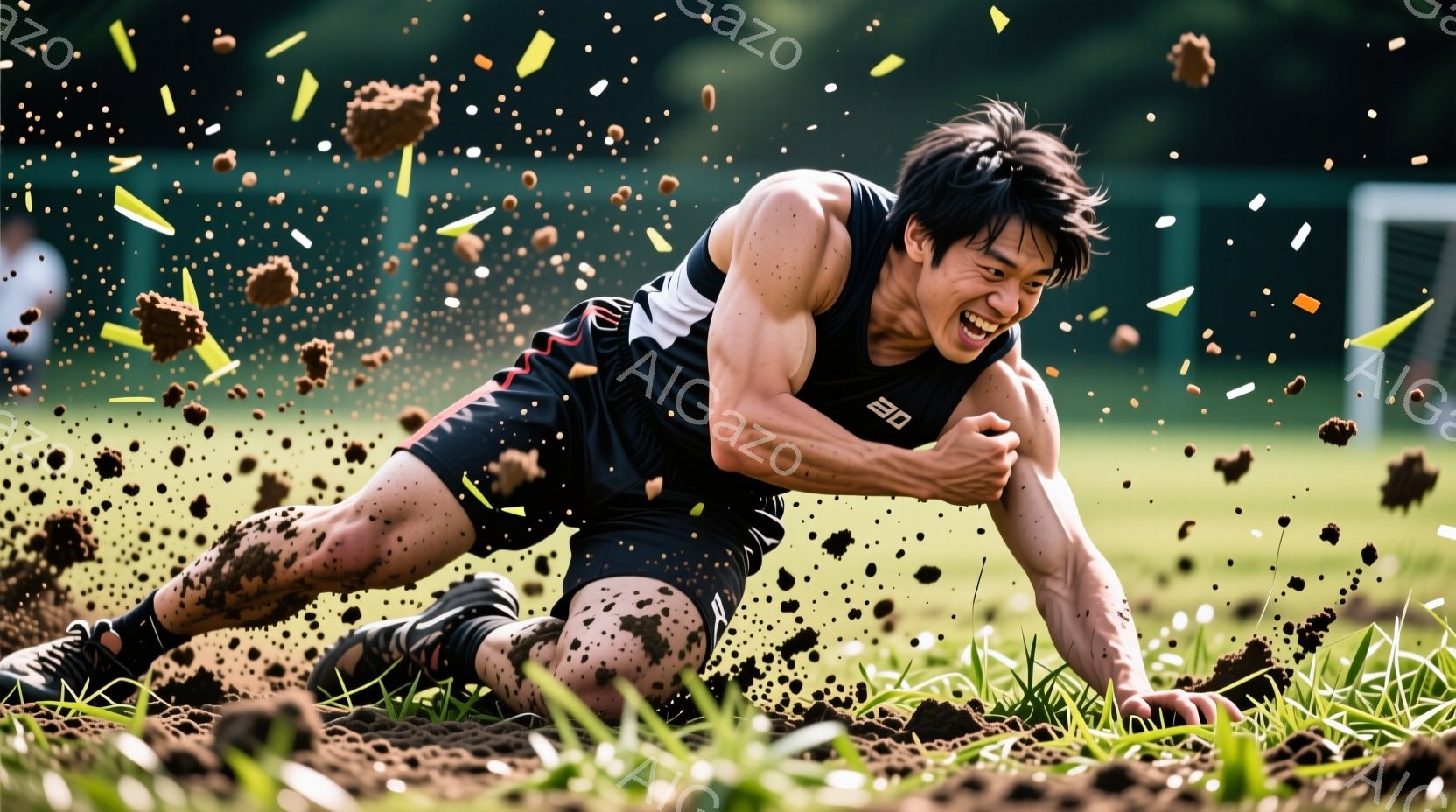黒いタンクトップと短パン姿の男性が、泥だらけの地面を四つん這いで進んでいる。彼は笑顔で、額には汗が光り、活気に満ちた表情をしている。背景には緑の草とぼやけた木々が見え、運動場の一部らしきものが確認でき、全体的にエネルギッシュでダイナミックな雰囲気である。