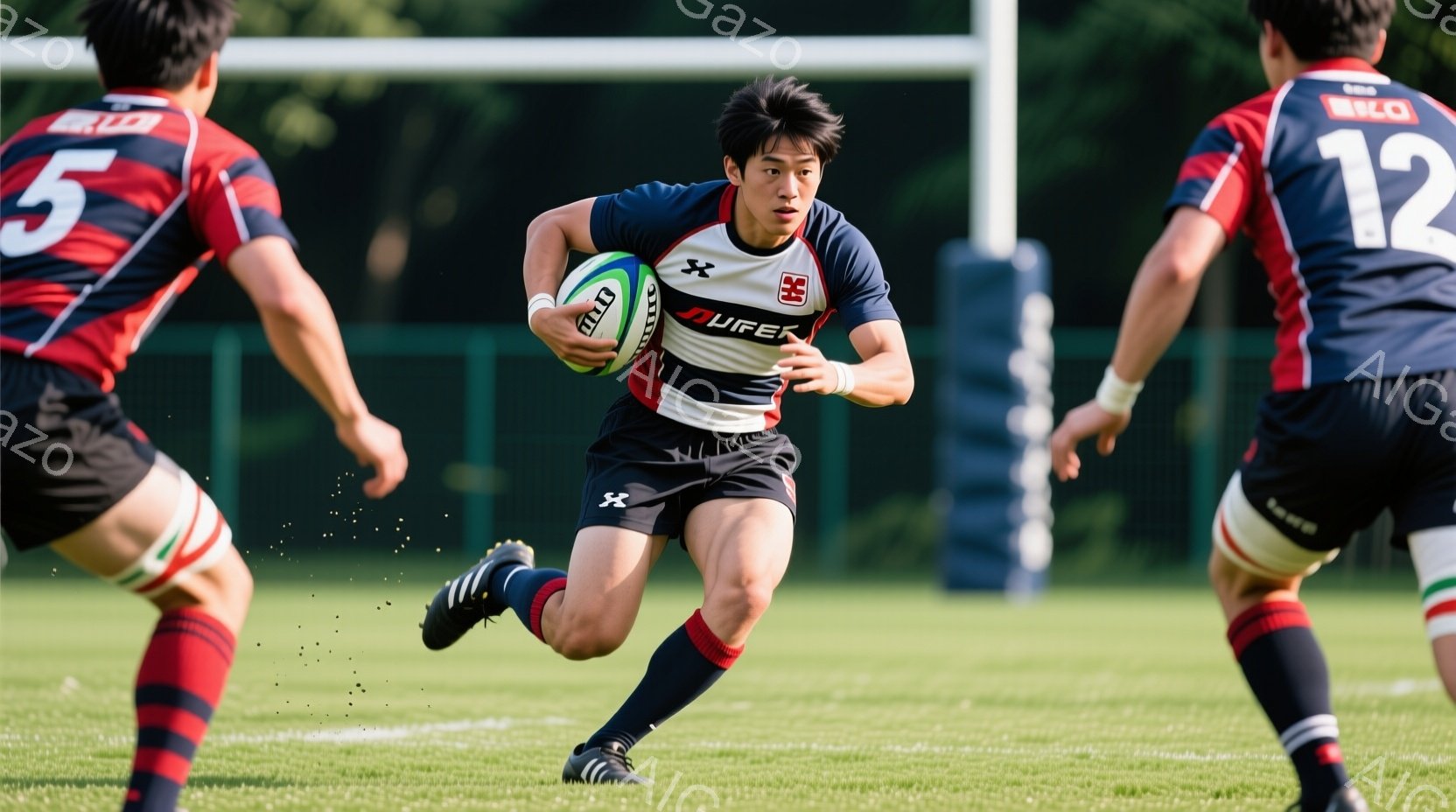 ラグビー選手が夜の芝生グラウンドでボールを蹴る瞬間を捉えた写真です。紺色の長袖のジャージとソックス、白のスパイクを着用し、髪は短く整えられています。背景にはゴールポストと照明がぼんやりと見え、夜間の練習風景を思わせる集中した雰囲気です。